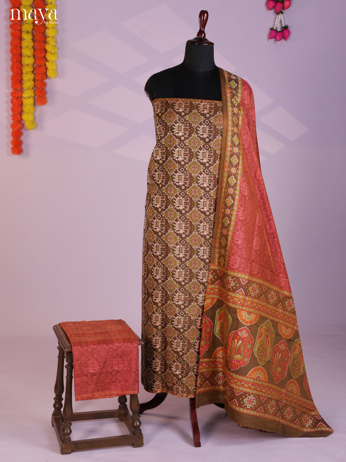 Brown & Brick Semi patola salwar unstitch with elephant buttas- MEA09035