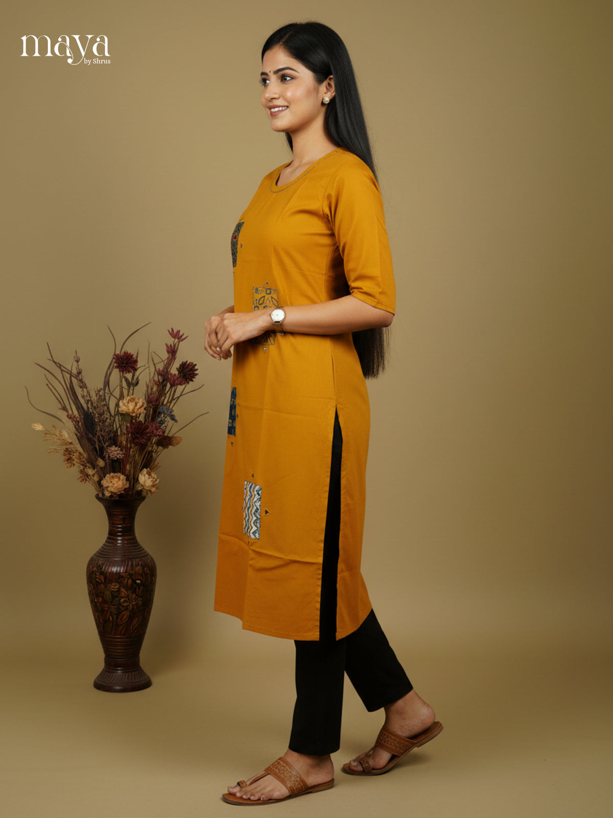 Mustard Cotton Readymade Kurti with ajrakh printed patch - MEA28027