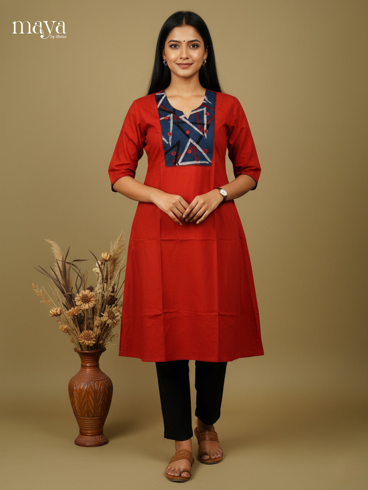 Red & Blue Cotton Readymade Kurti with mirror embroidery - MEA29003