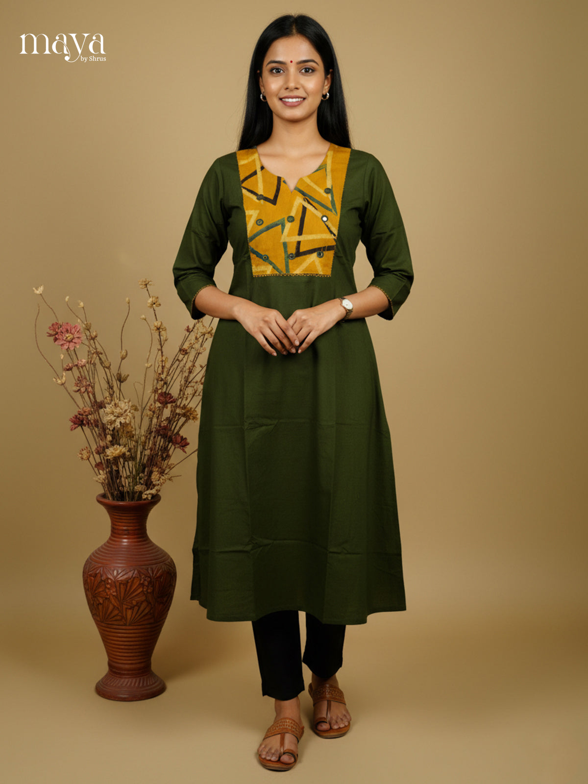 Green & Yellow Anarkali cotton Readymade Kurti with mirror embroidered neck yoke- MEA29005