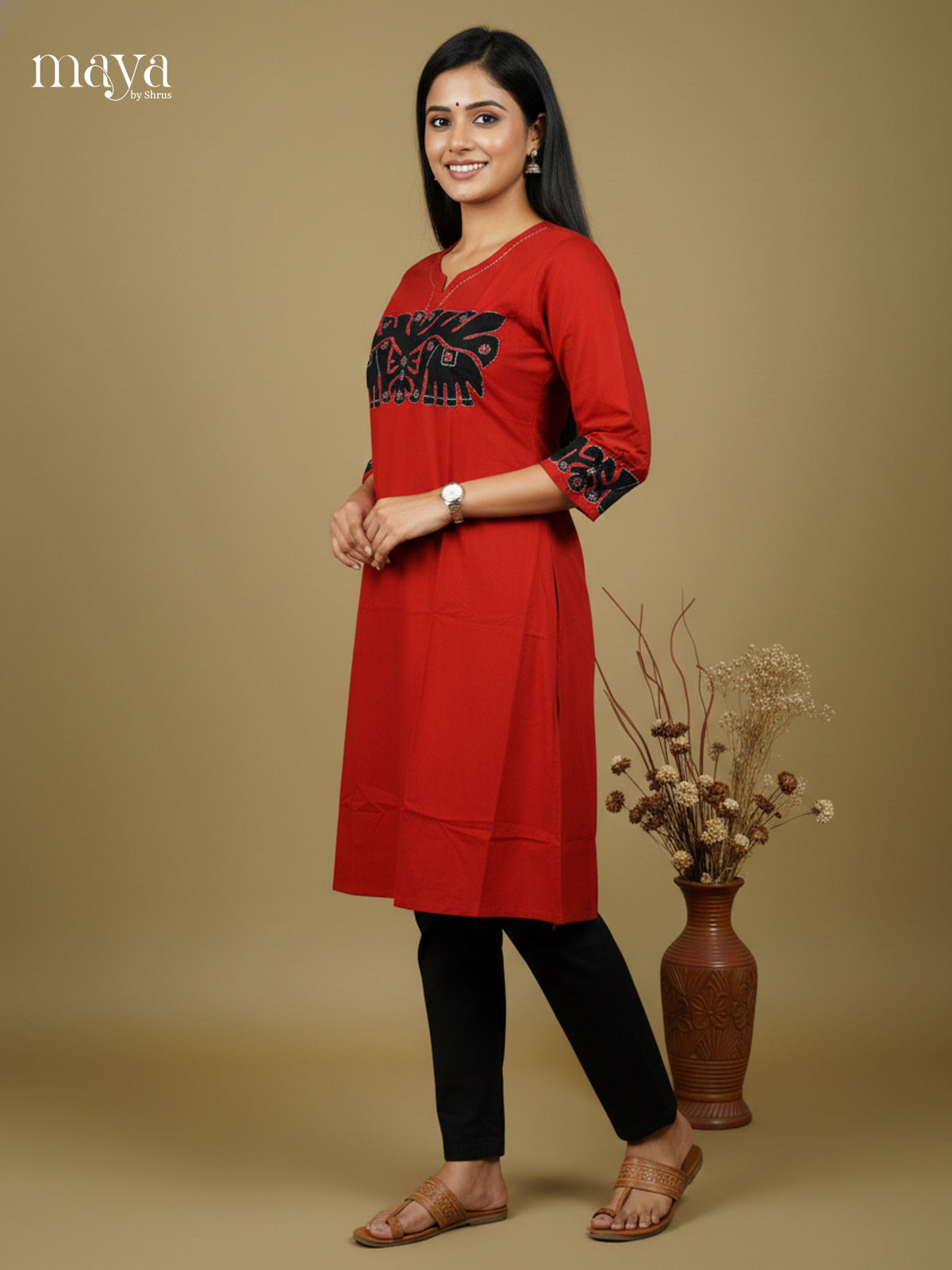 Brick Red & Black Cotton Readymade Kurti with elephant patch work - MEA29007