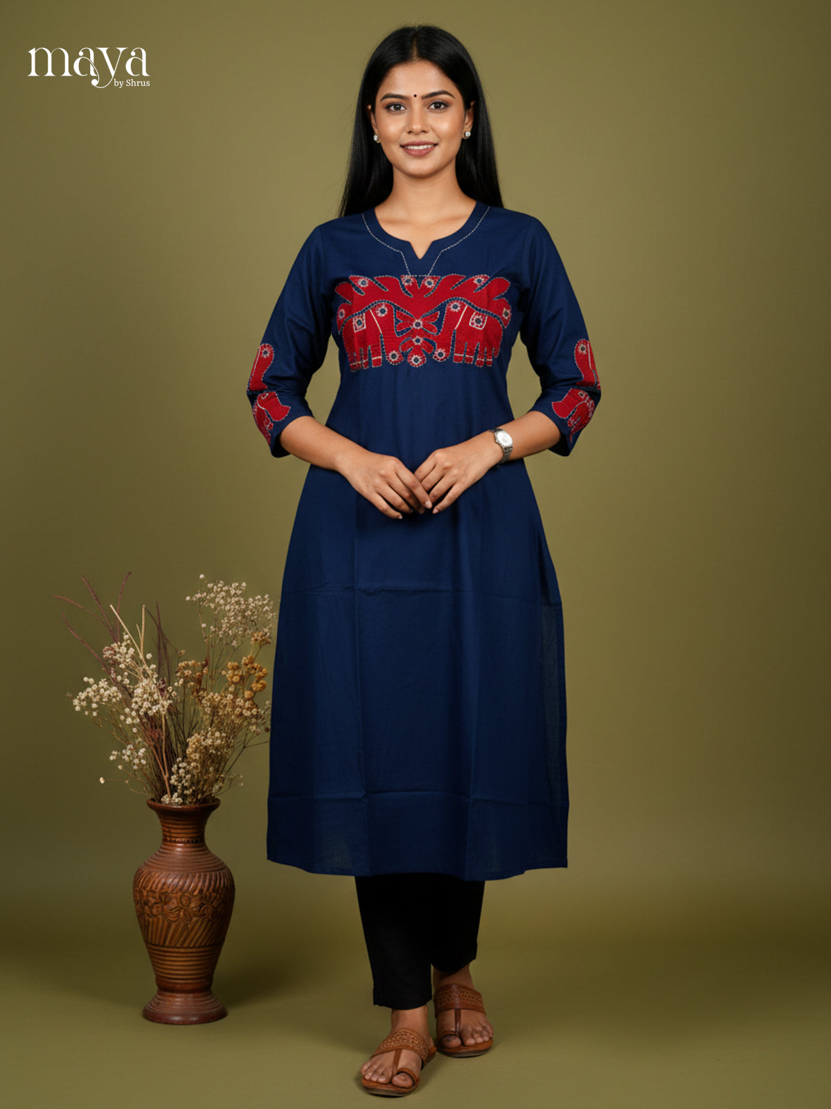 Blue & Red Cotton Anarkali Readymade Kurti with elephant patch work - MEA29010