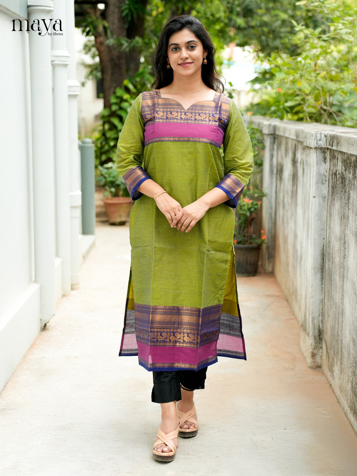 Leaf Green & Blue Chettinad Cotton Readymade Kurti - MEB02026