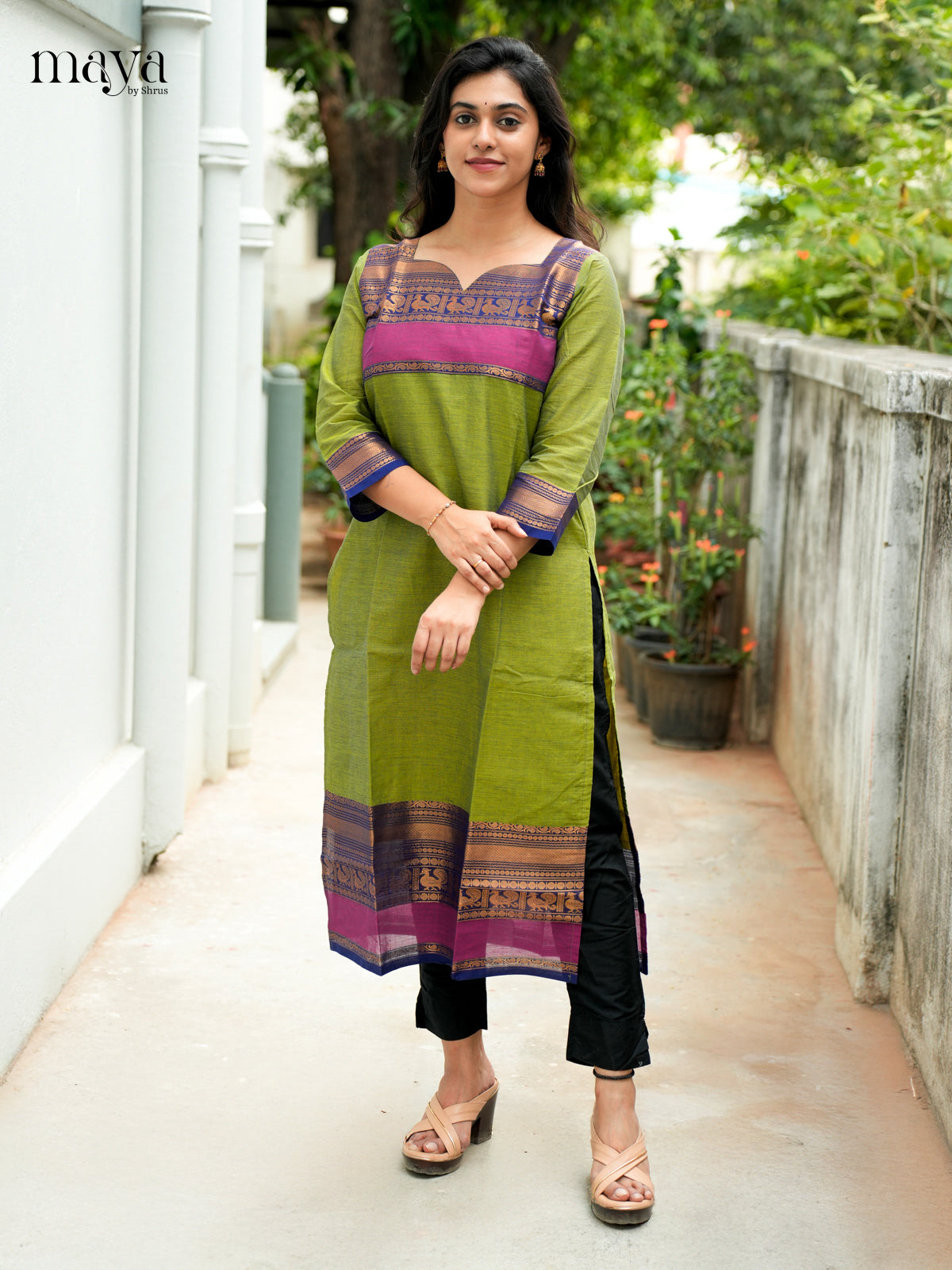 Leaf Green & Blue Chettinad Cotton Readymade Kurti - MEB02026