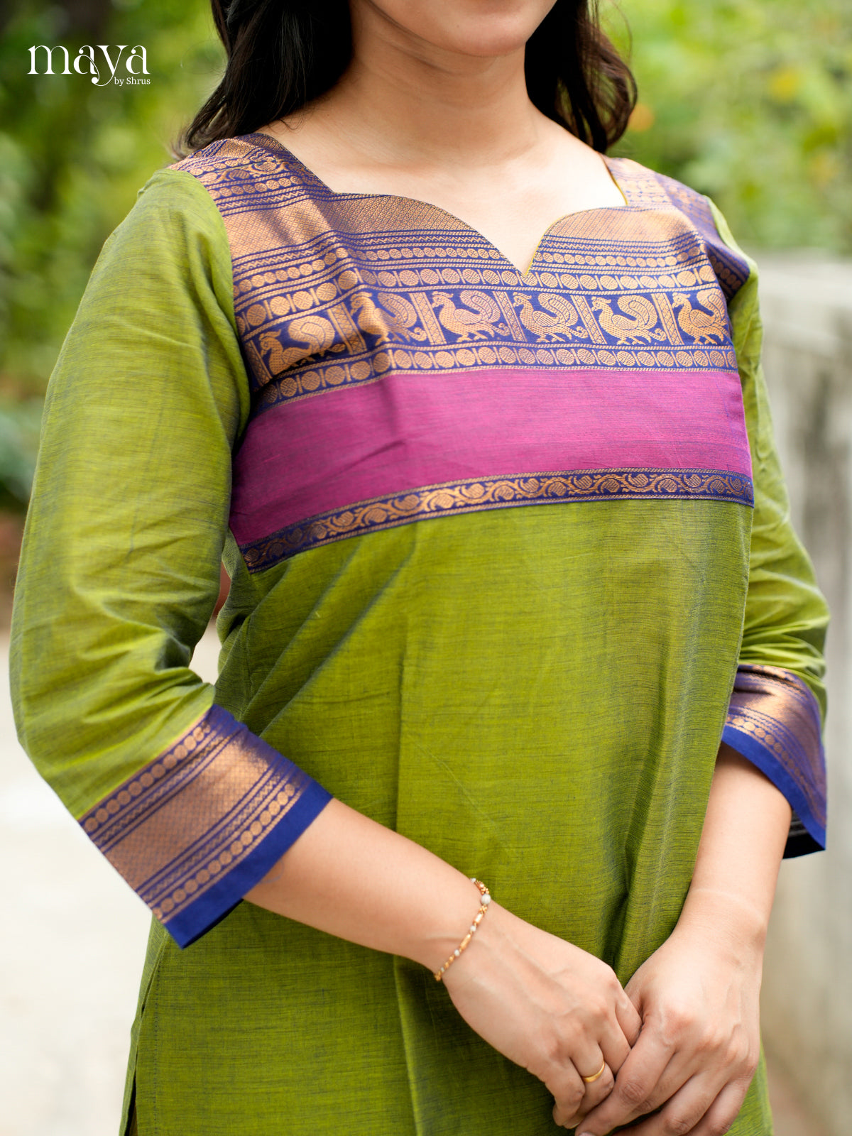 Leaf Green & Blue Chettinad Cotton Readymade Kurti - MEB02026