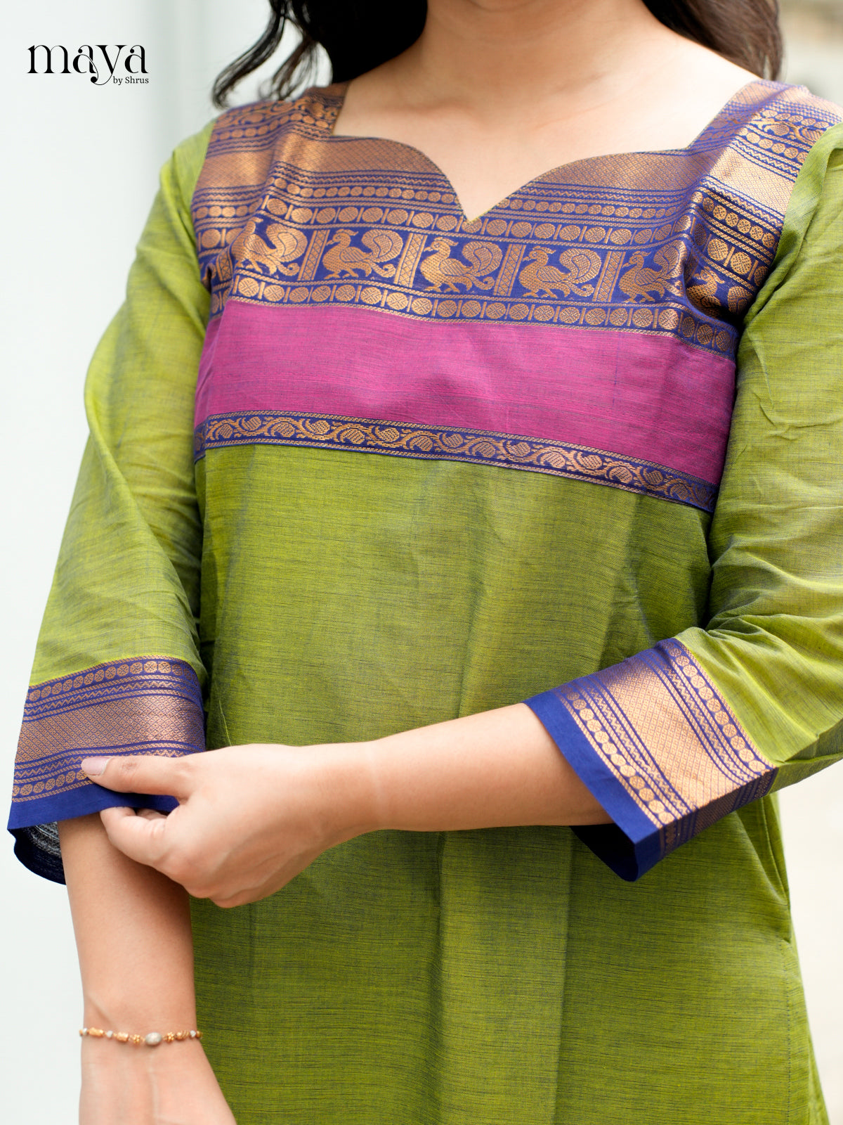 Leaf Green & Blue Chettinad Cotton Readymade Kurti - MEB02026