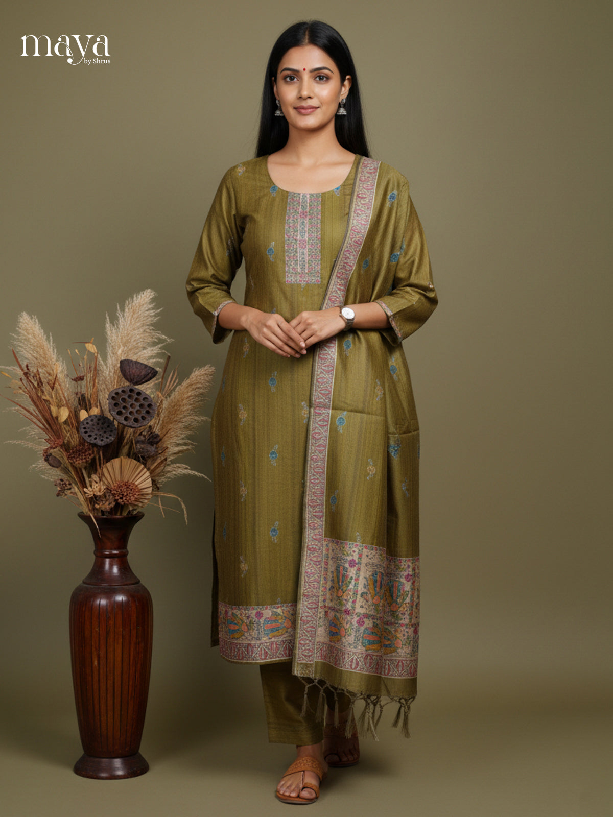 Beautiful Olive Green Madhubani printed Semi Tussar Readymade 3PC Suits - MEB07011