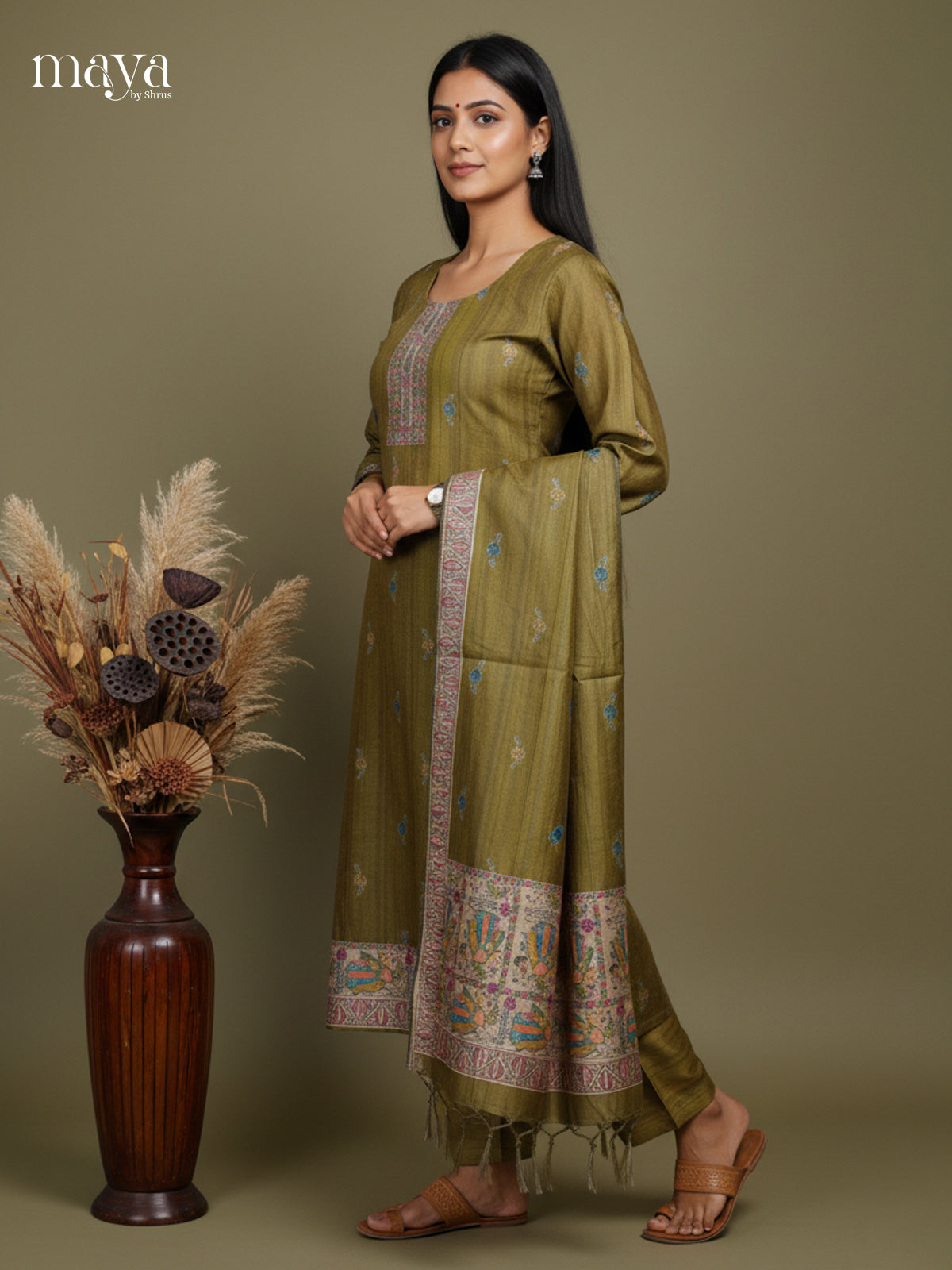 Beautiful Olive Green Madhubani printed Semi Tussar Readymade 3PC Suits - MEB07011