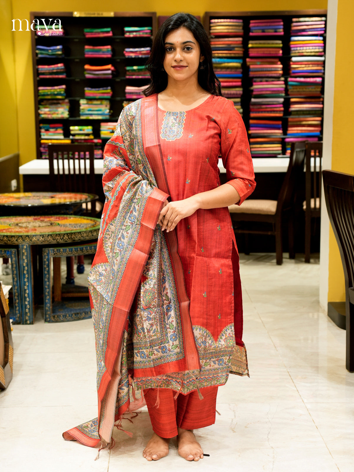 Bright Red Madhubani printed Semi Tussar Readymade 3PC Suits - MEB07012