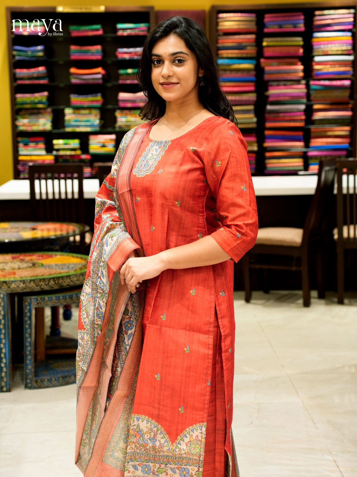 Bright Red Madhubani printed Semi Tussar Readymade 3PC Suits - MEB07012