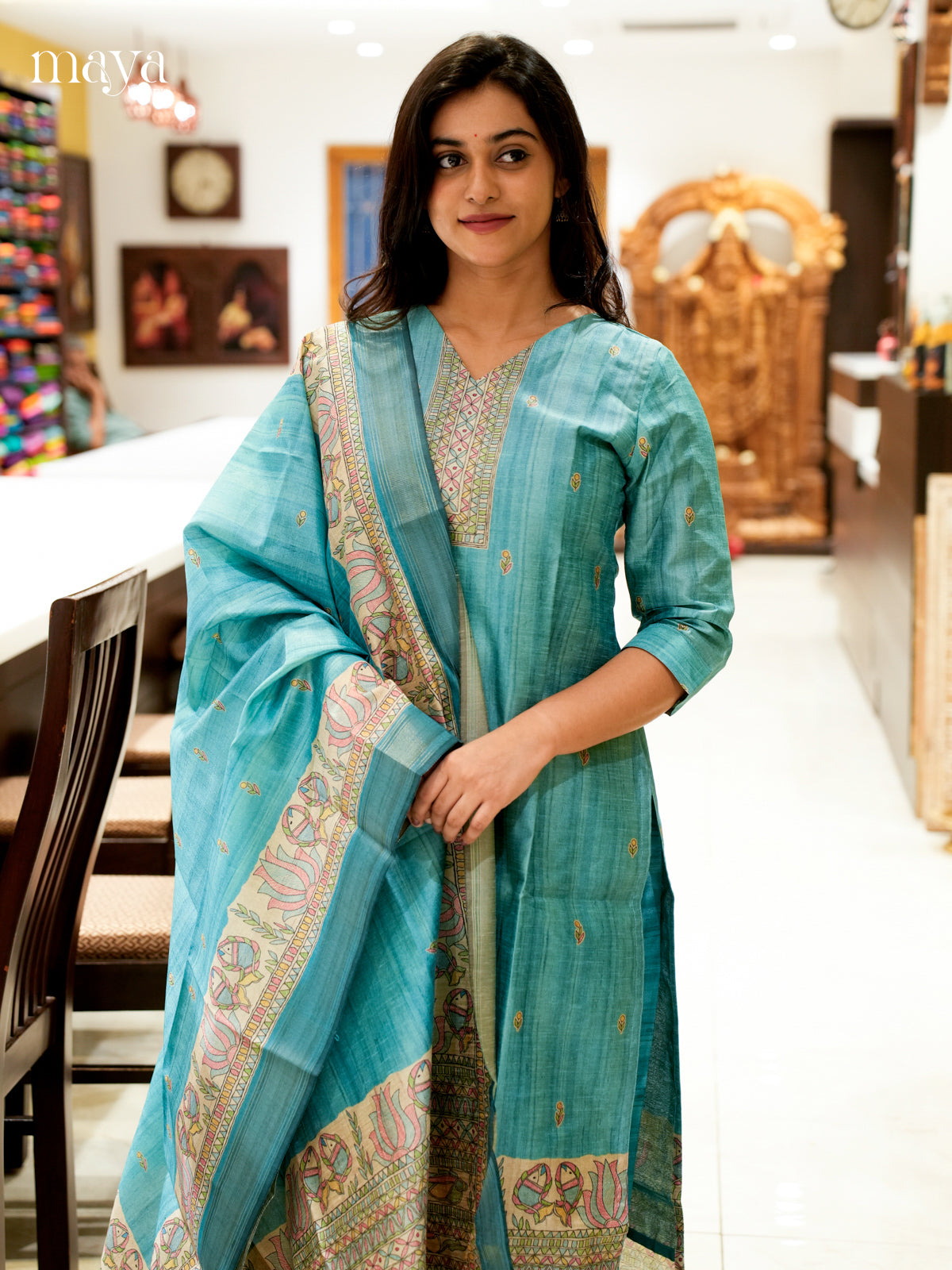 Graceful Blue Madhubani printed Semi Tussar Readymade 3PC Suits - MEB07017