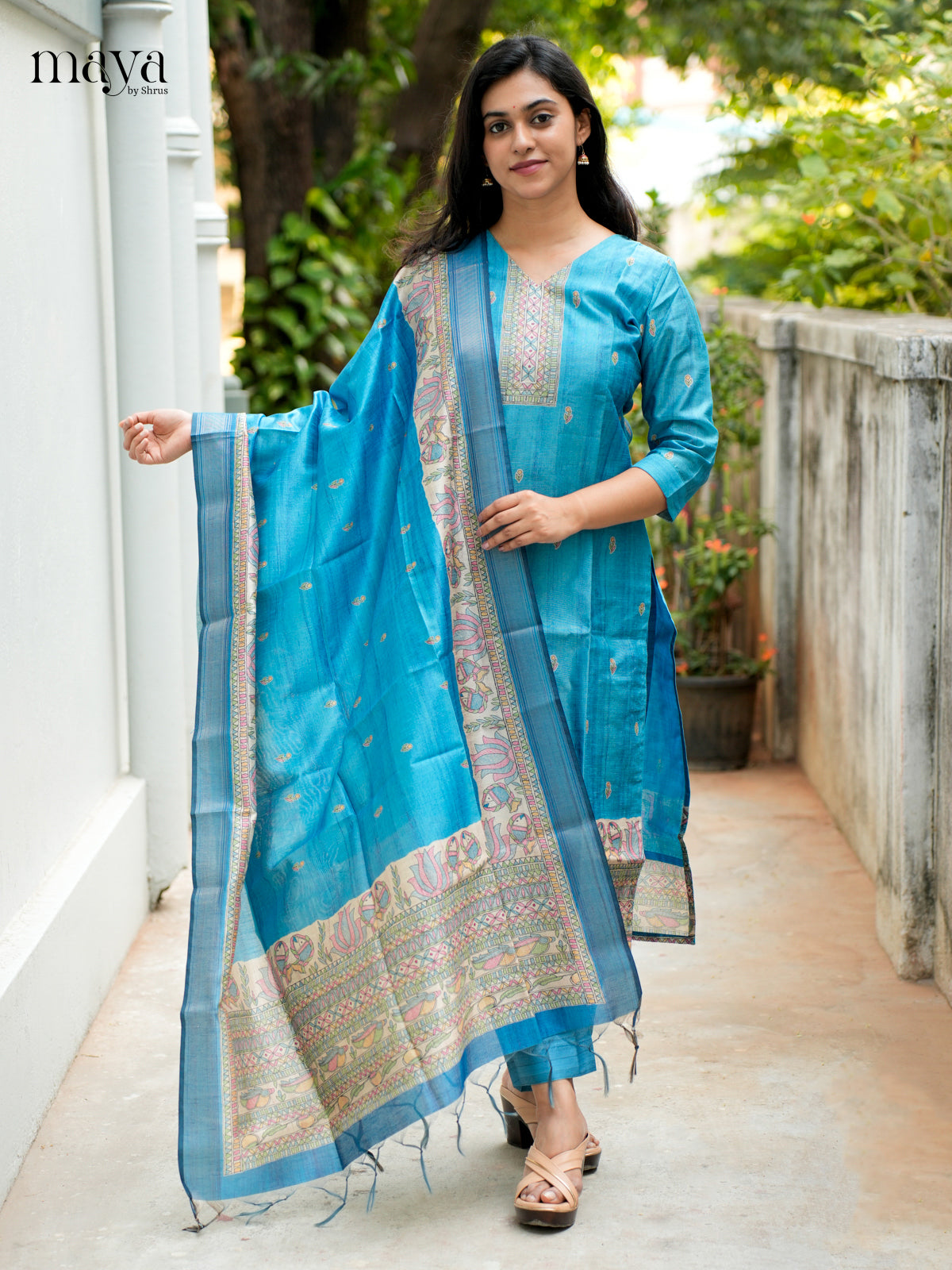 Vibrant Blue Madhubani printed Semi Tussar Readymade 3PC Suits - MEB07027