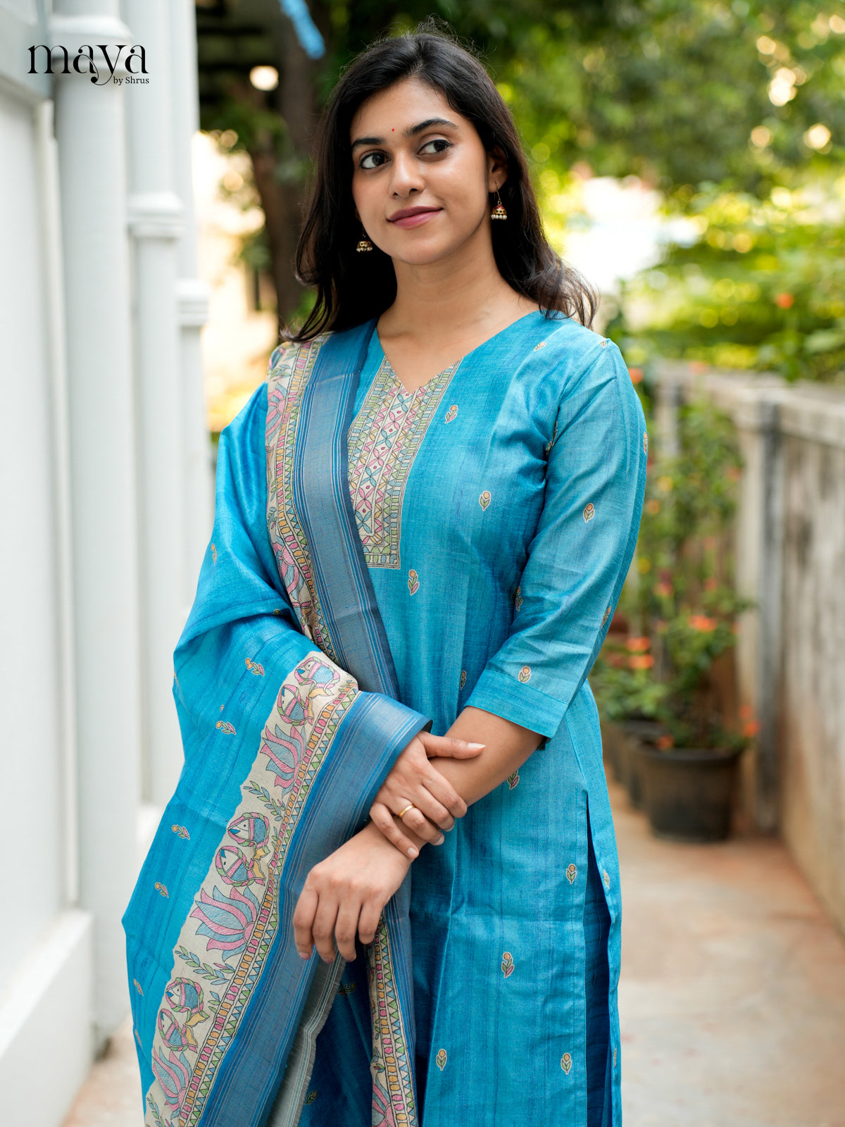 Vibrant Blue Madhubani printed Semi Tussar Readymade 3PC Suits - MEB07027