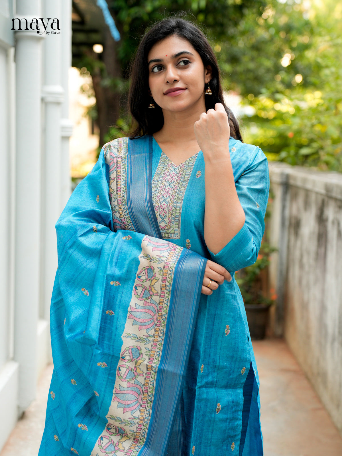 Vibrant Blue Madhubani printed Semi Tussar Readymade 3PC Suits - MEB07027