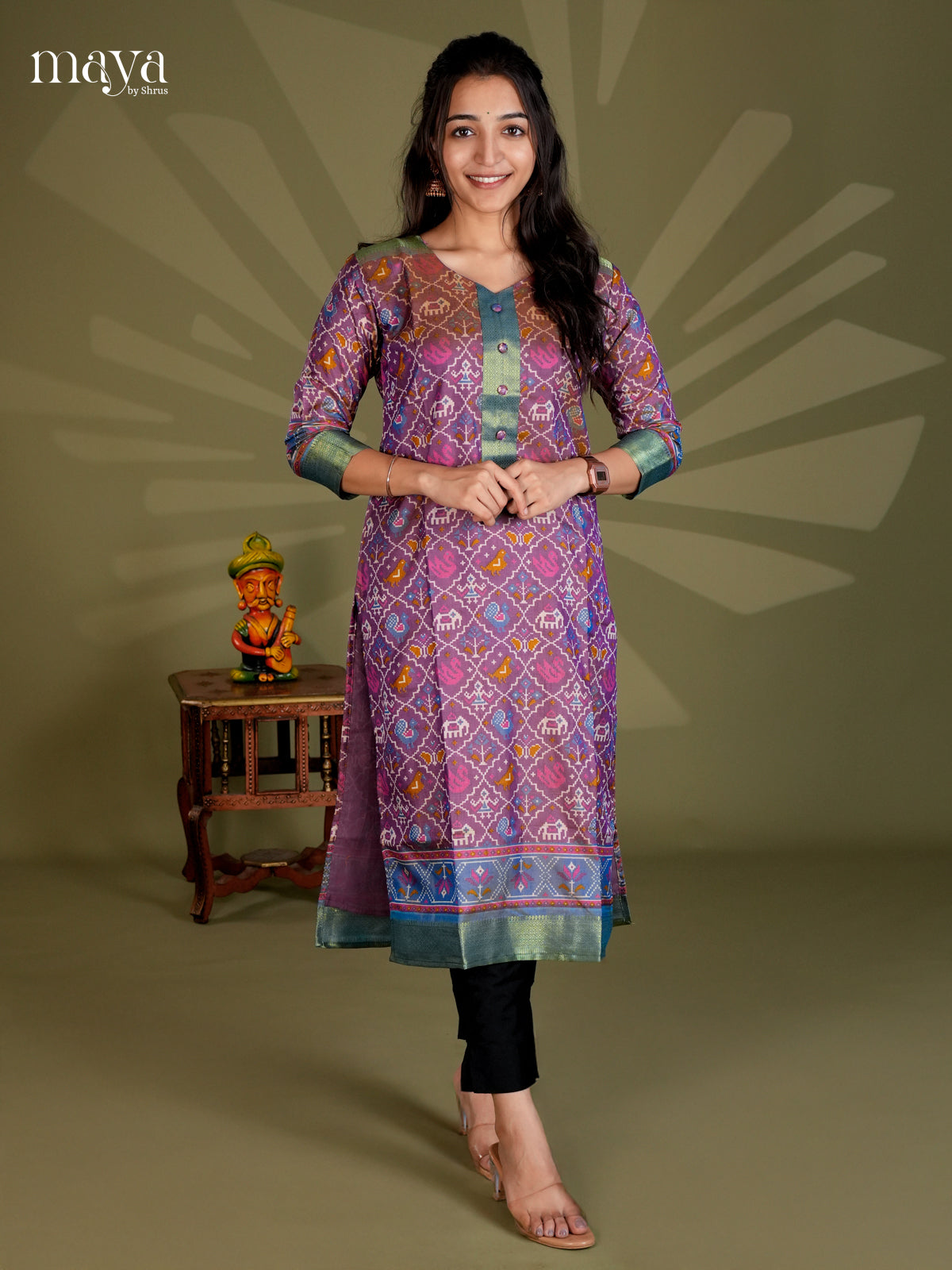 Purple & Blue - Semi Patola Readymade Kurti - MEB20003
