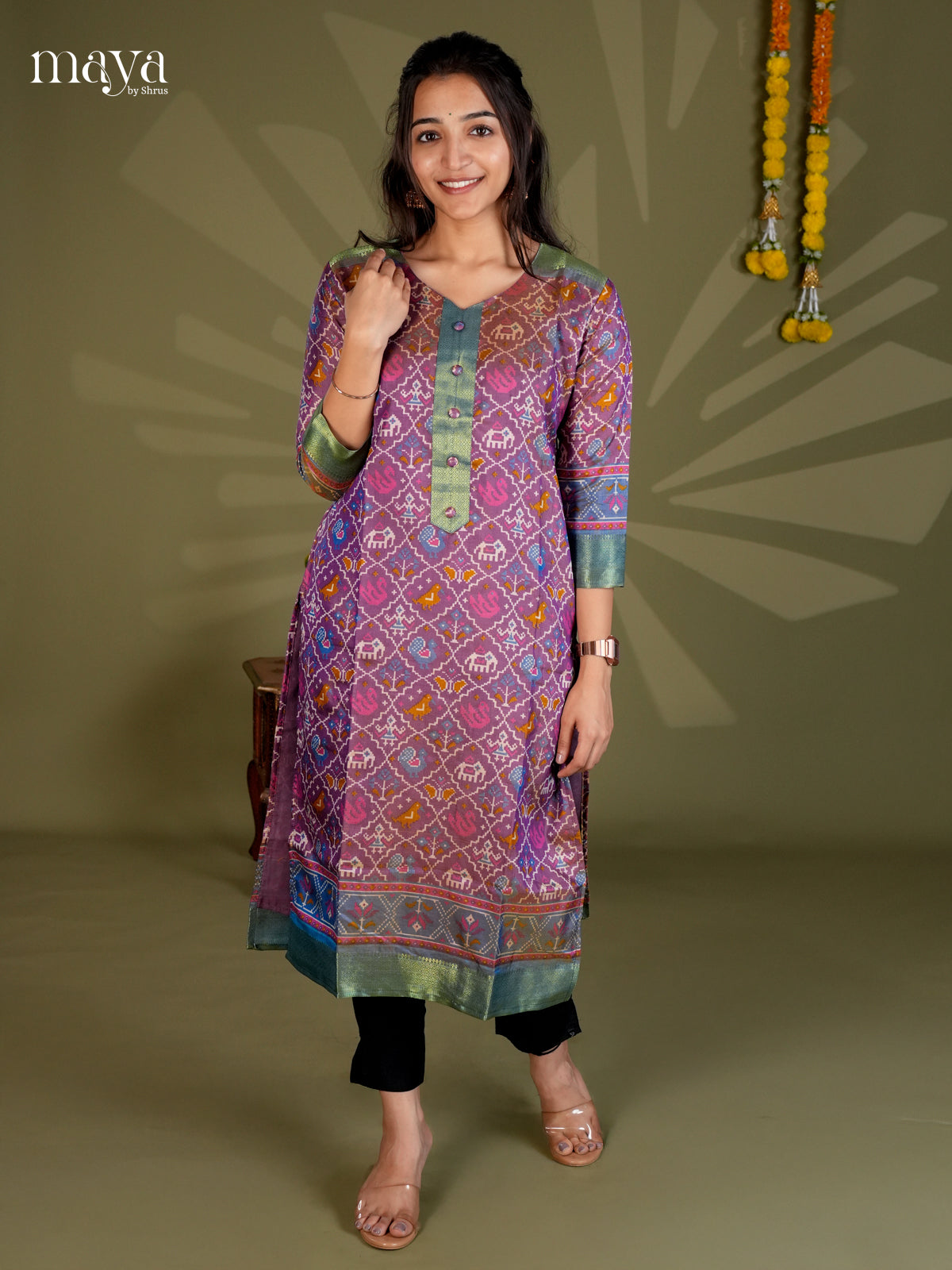 Purple & Blue - Semi Patola Readymade Kurti - MEB20003