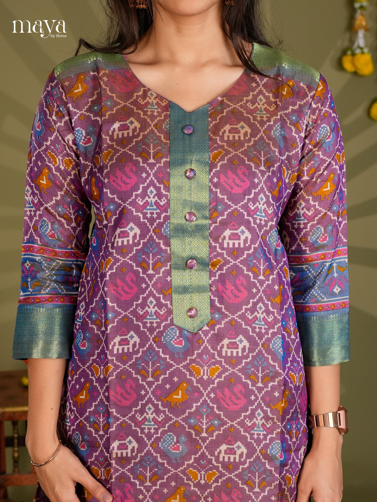 Purple & Blue - Semi Patola Readymade Kurti - MEB20003