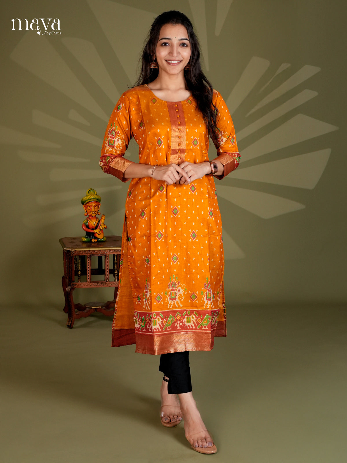 Mustard & Maroon Semi Patola Readymade Kurti with patola prints & zari border - MEB20005