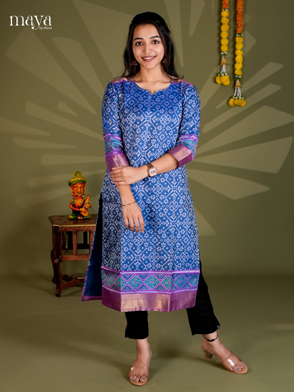 Blue & Purple Semi Patola Readymade Kurti with intricate floral pattern- MEB20010