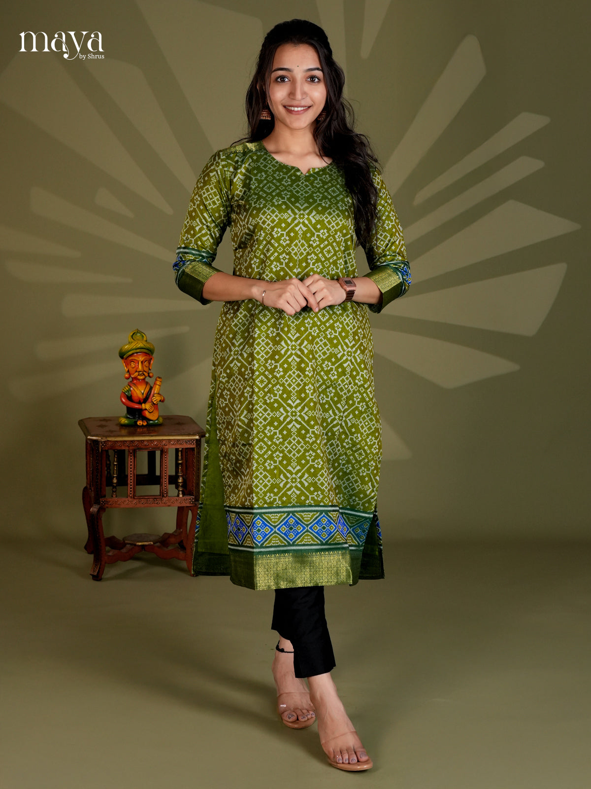 Green & Blue Semi Patola Readymade Kurti with floral prints - MEB20011