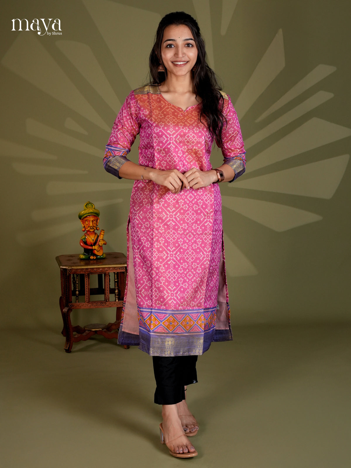 pink & Purple Semi Patola Readymade Kurti with floral prints - MEB20012