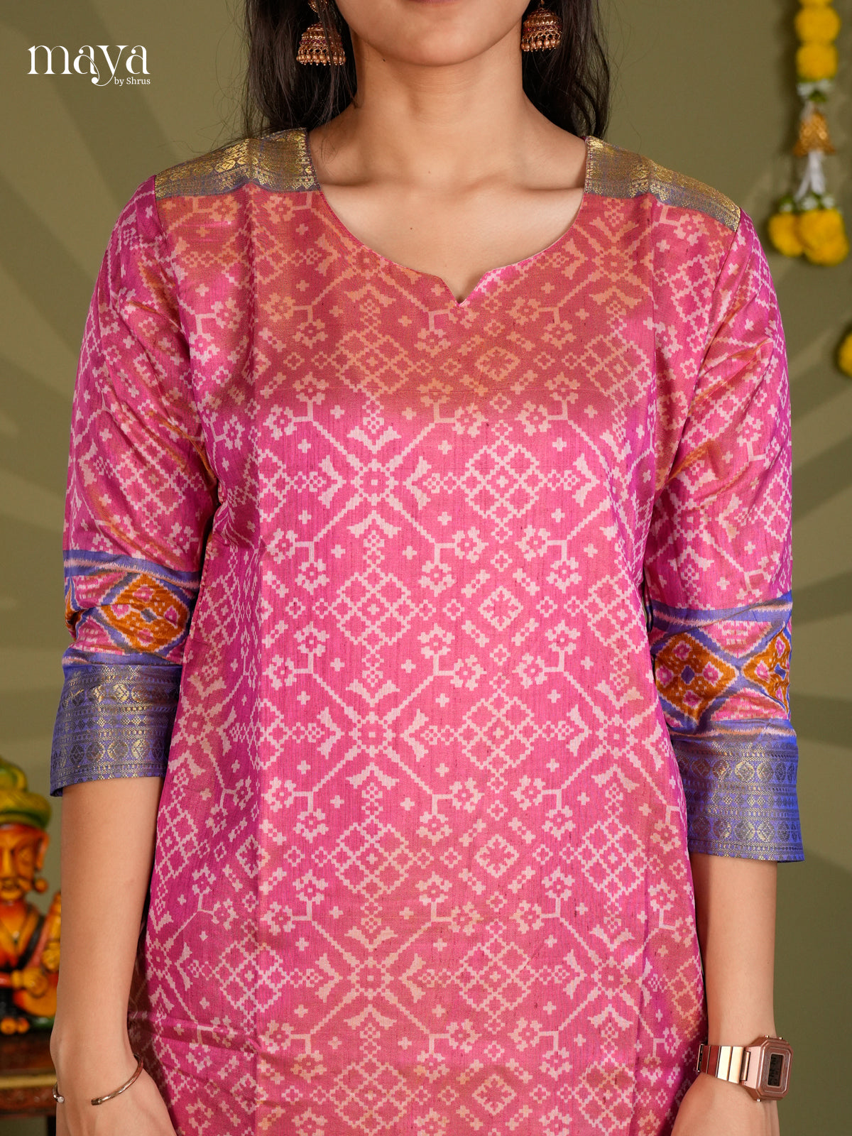 pink & Purple Semi Patola Readymade Kurti with floral prints - MEB20012