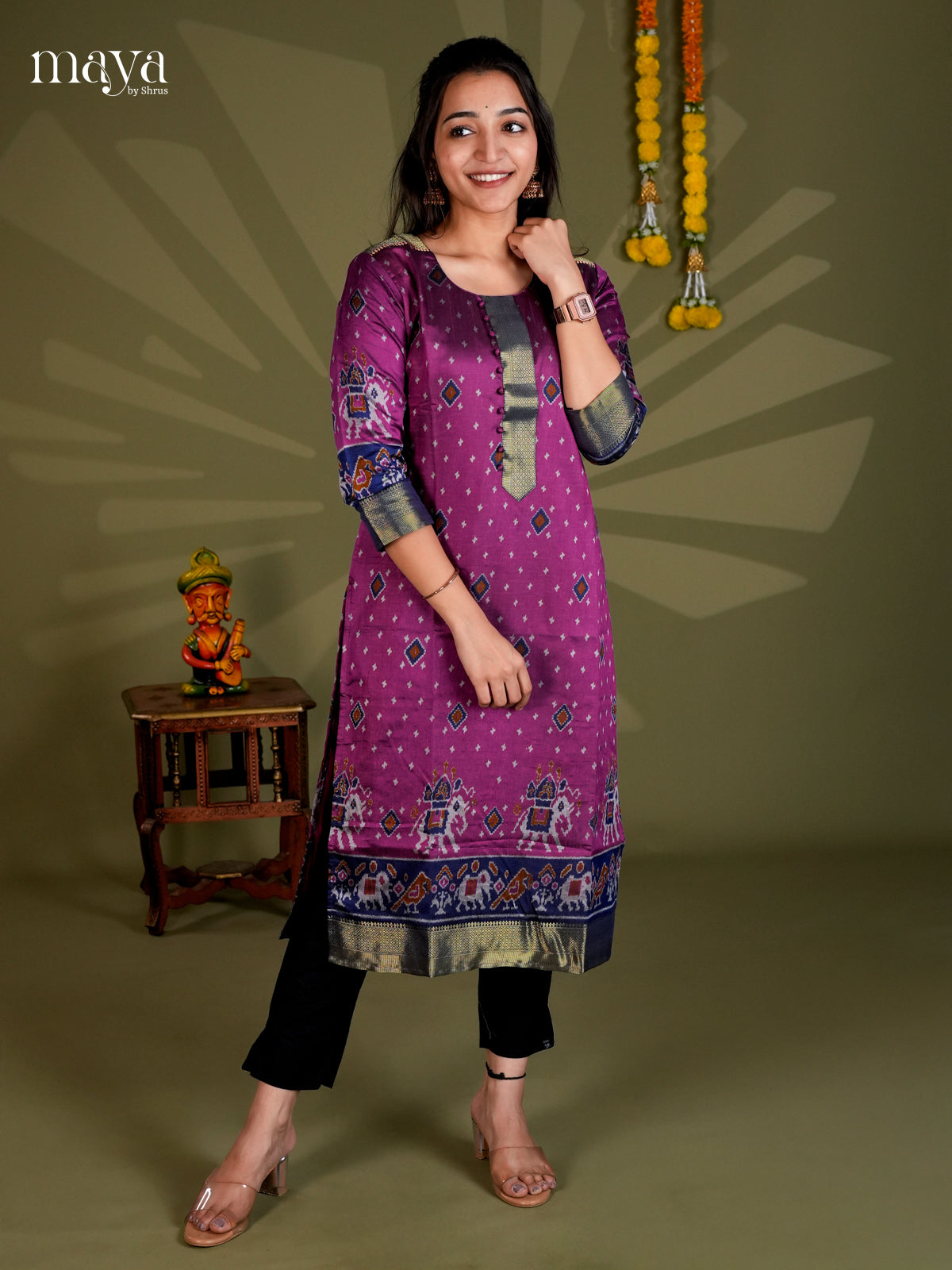 Purple & Blue Semi Patola Readymade Kurti - MEB20014