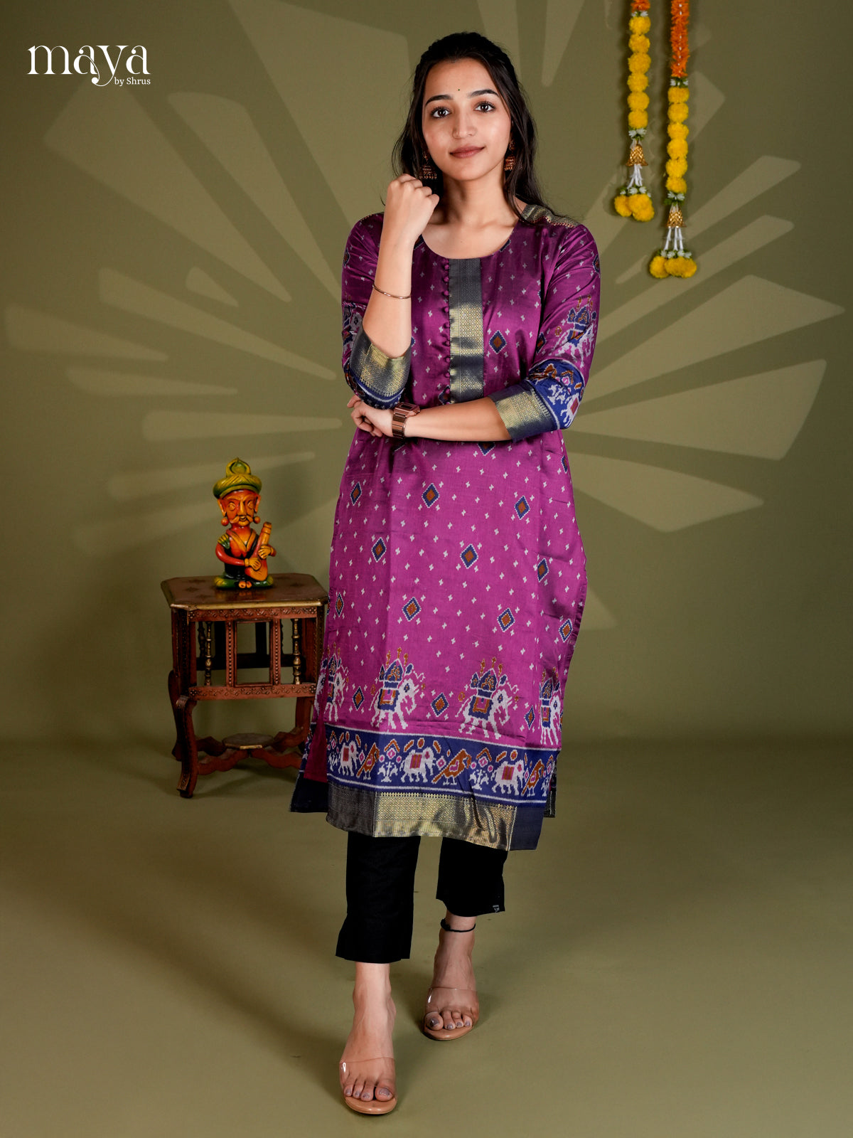 Purple & Blue Semi Patola Readymade Kurti - MEB20014