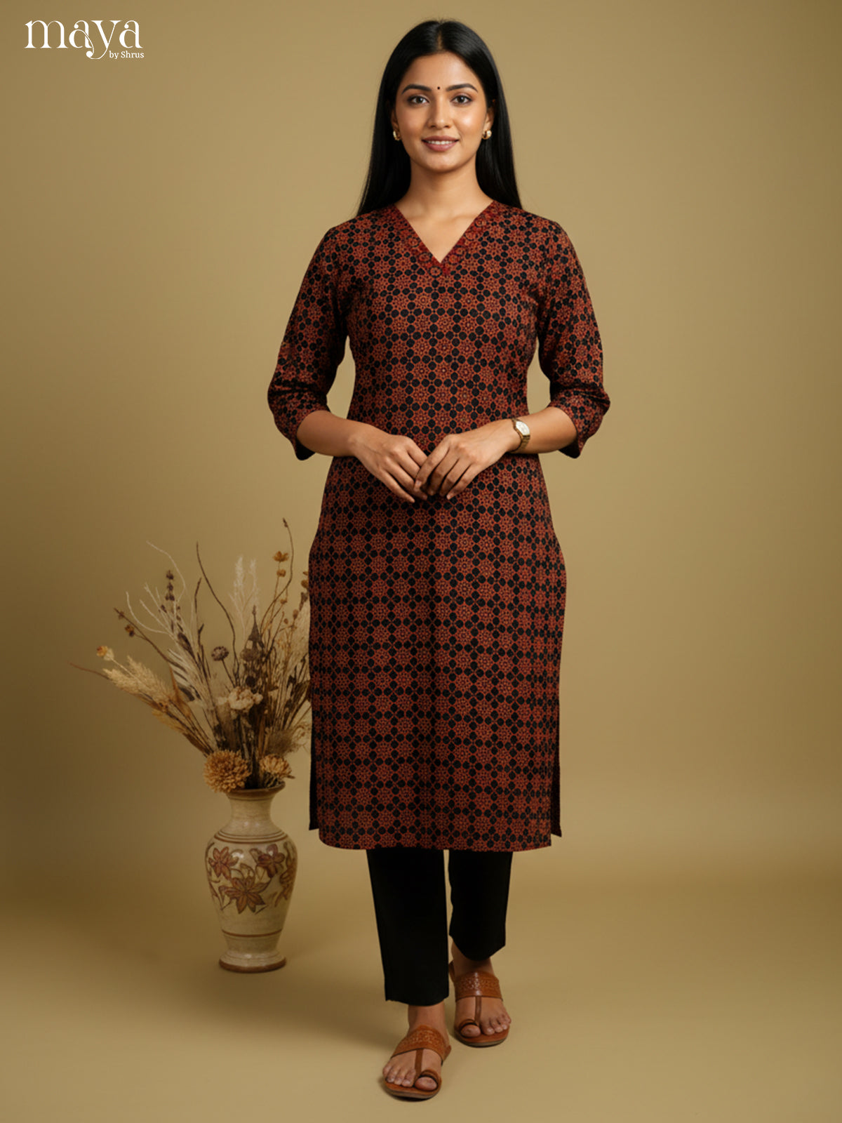 Black & Maroon ajrakh printed Readymade Kurti -MEB27018