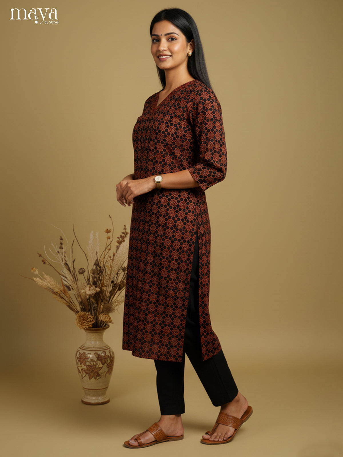 Black & Maroon ajrakh printed Readymade Kurti -MEB27018