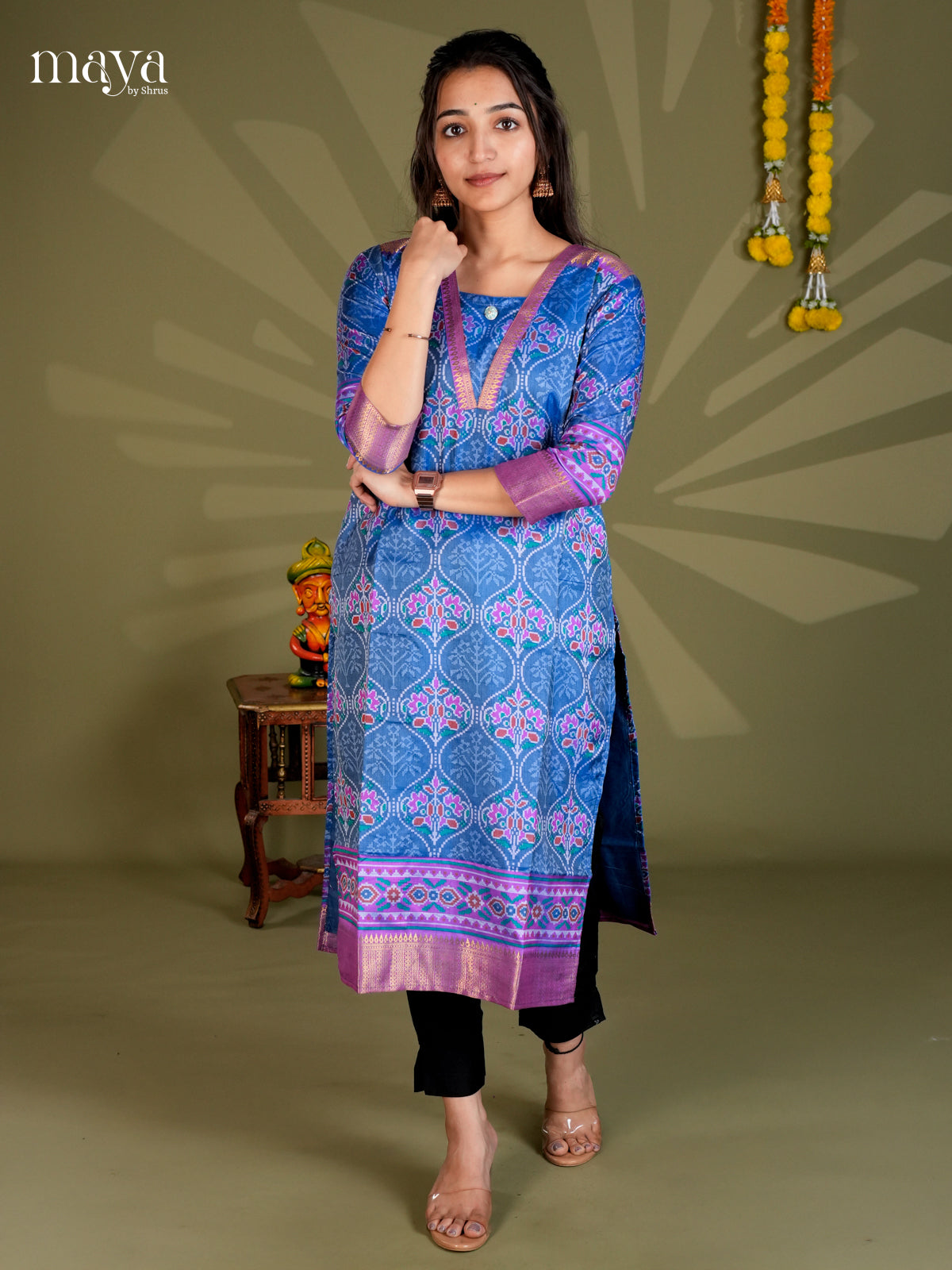 Blue & Purple Semi Patola Readymade Kurti - MEB28002