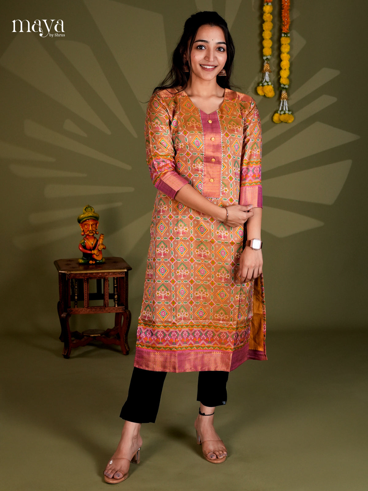 Brick & Purple Semi Patola Readymade Kurti - MEB28003
