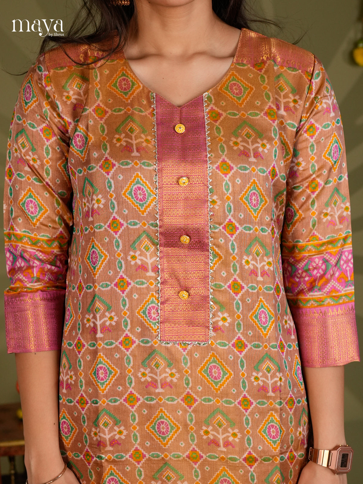 Brick & Purple Semi Patola Readymade Kurti - MEB28003