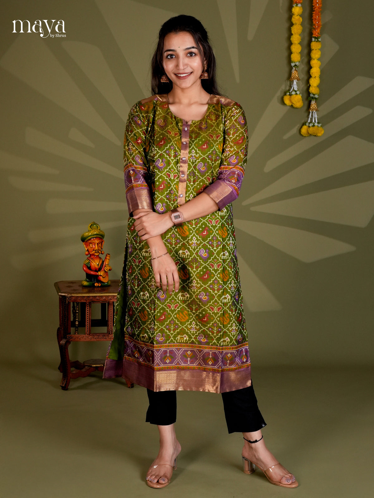 Green & Purple Semi Patola Readymade Kurti - MEC09001