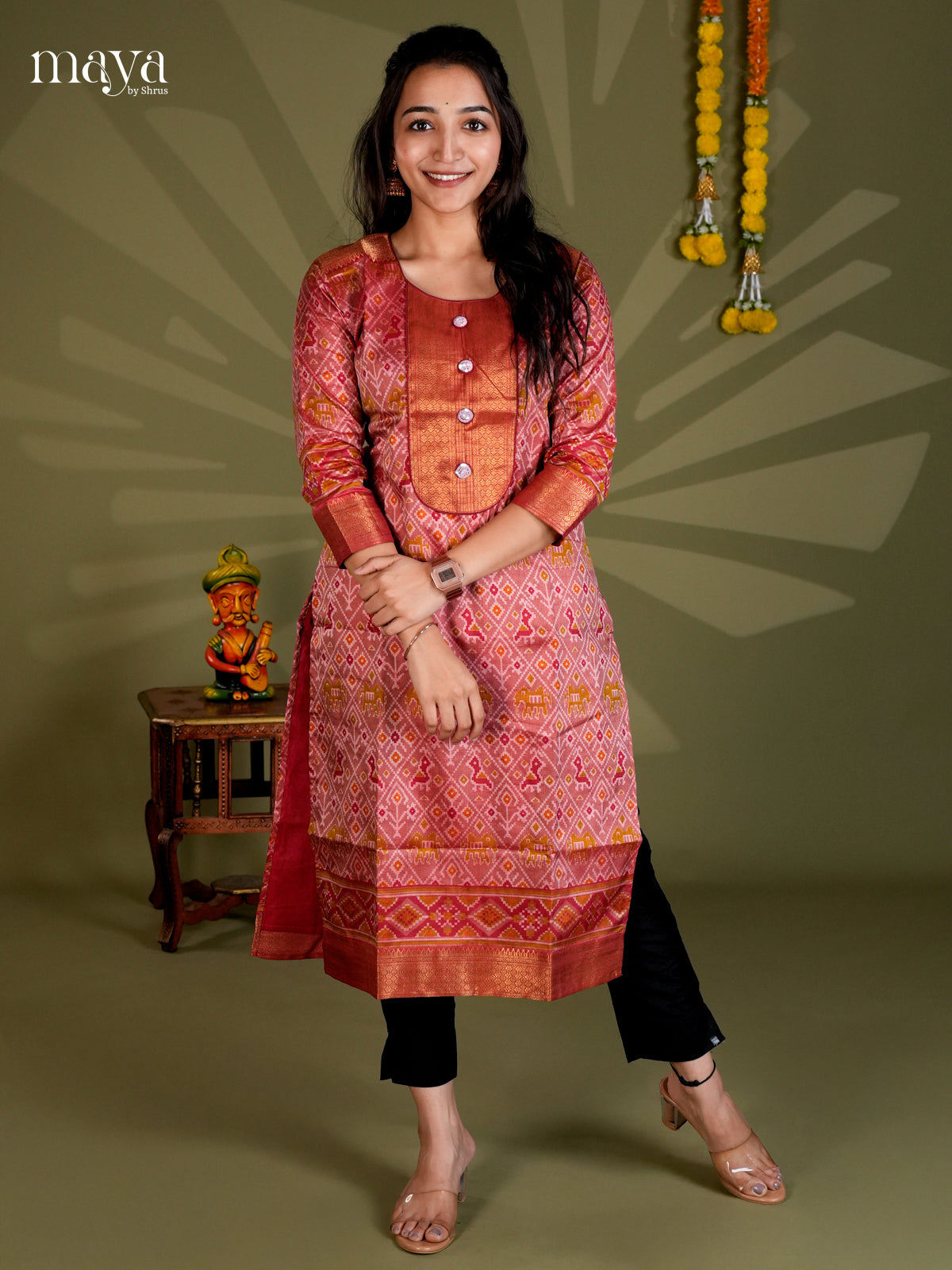red & Maroon Semi Patola Readymade Kurti with zari neck yoke - MEC09002