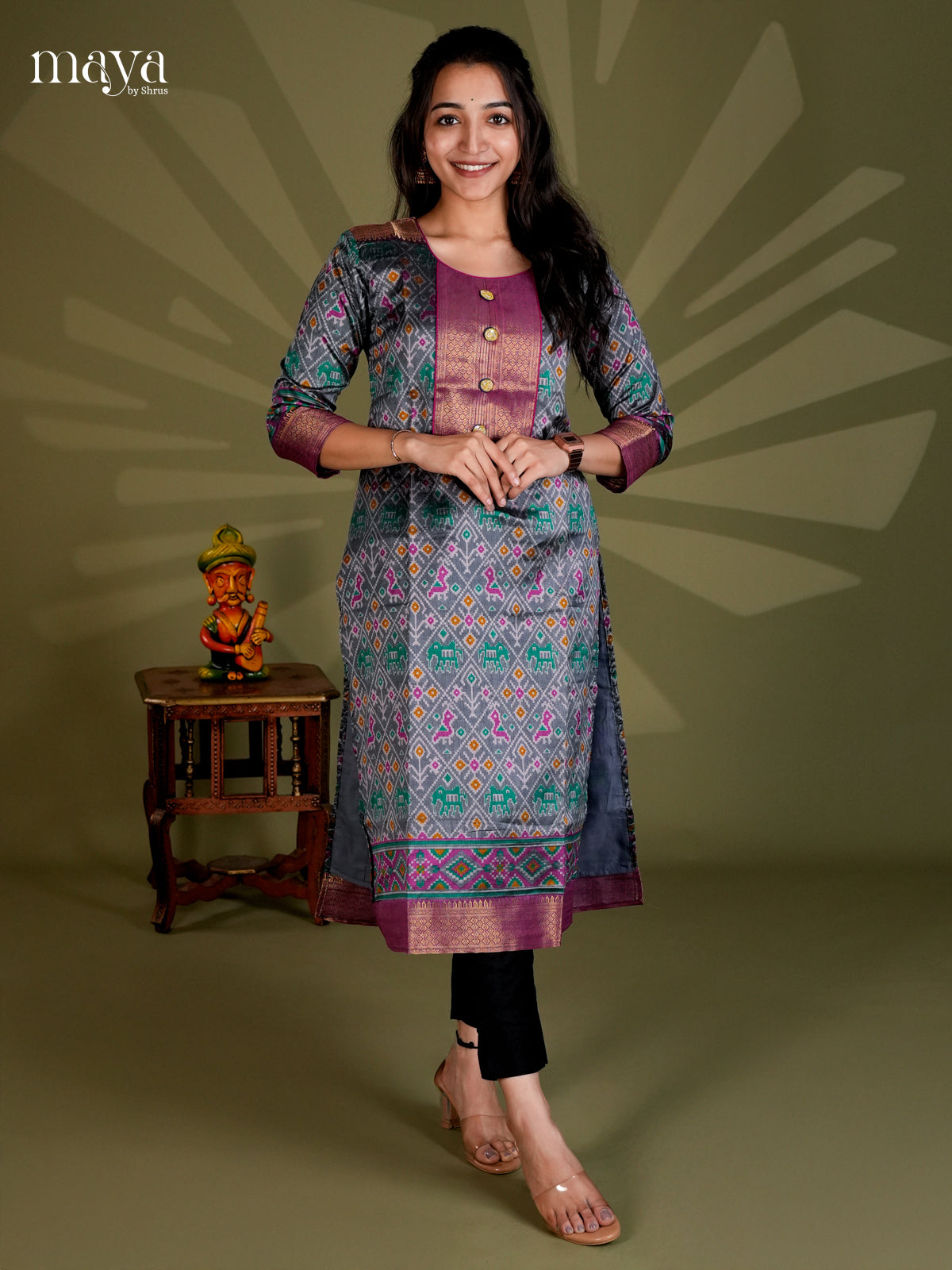 Green & Purple Semi Patola Readymade Kurti with neck yoke - MEC09003