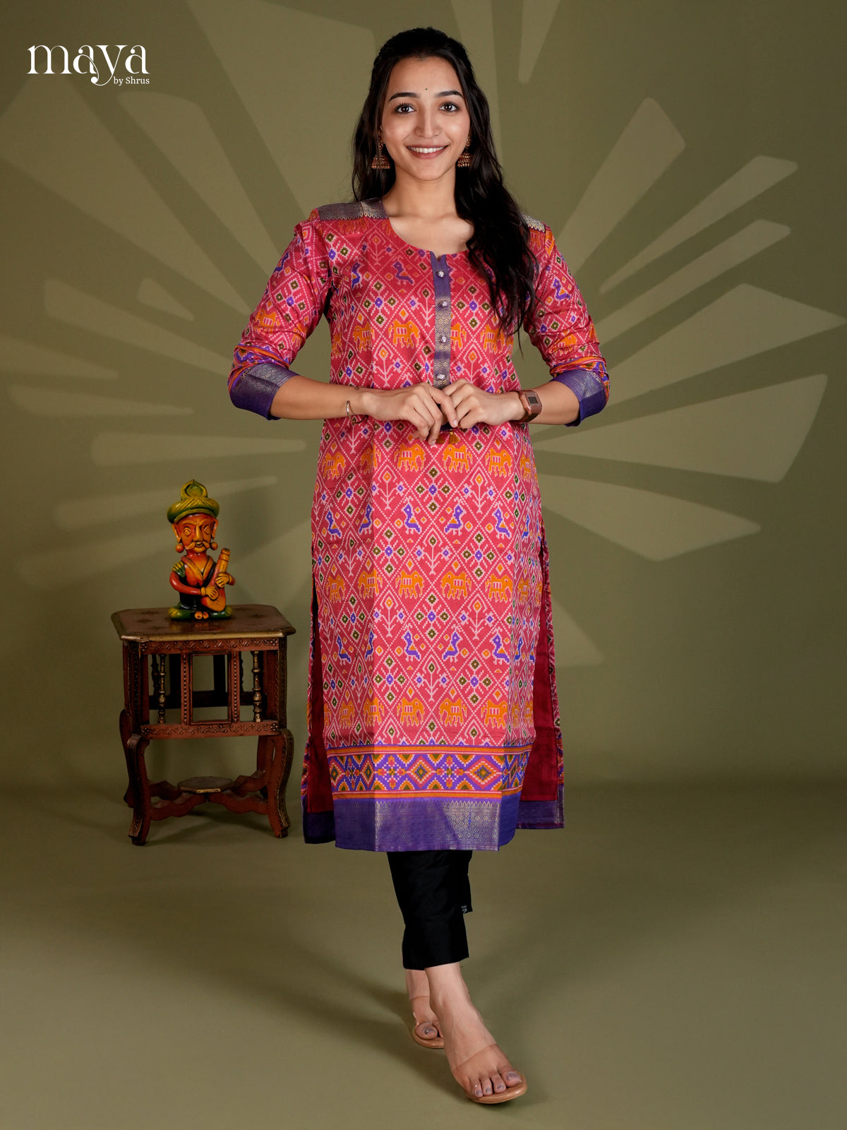 Red & Blue Semi Patola Readymade Kurti with floral prints - MEC09004