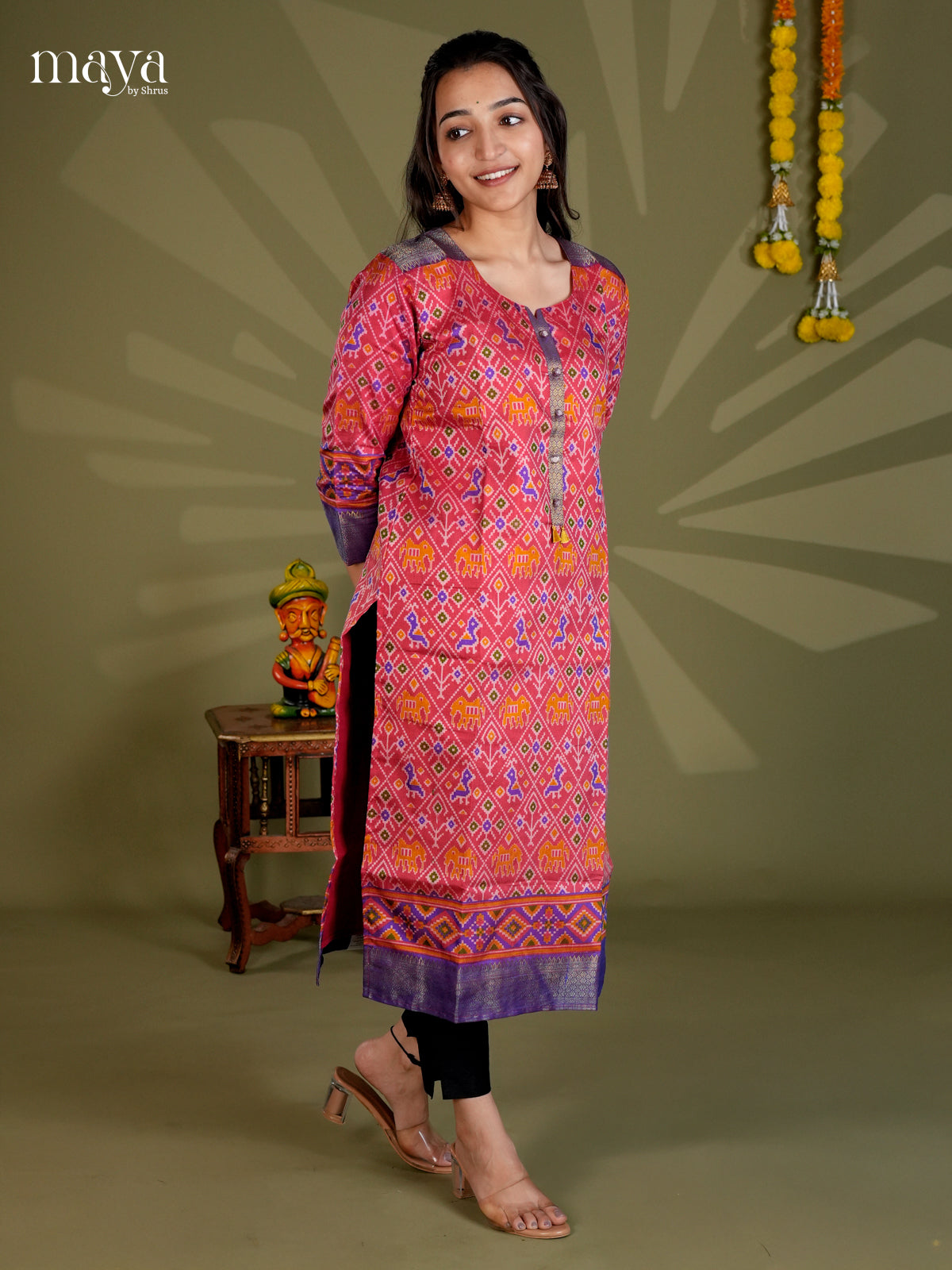 Red & Blue Semi Patola Readymade Kurti with floral prints - MEC09004