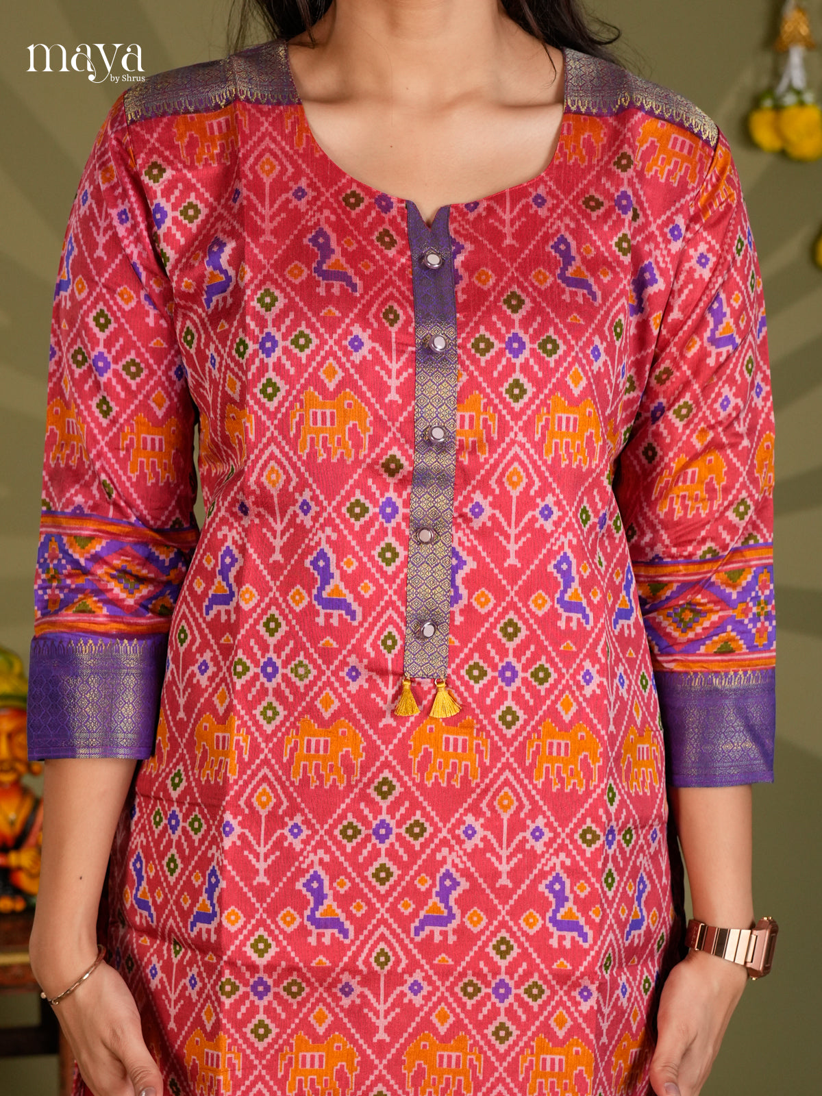 Red & Blue Semi Patola Readymade Kurti with floral prints - MEC09004