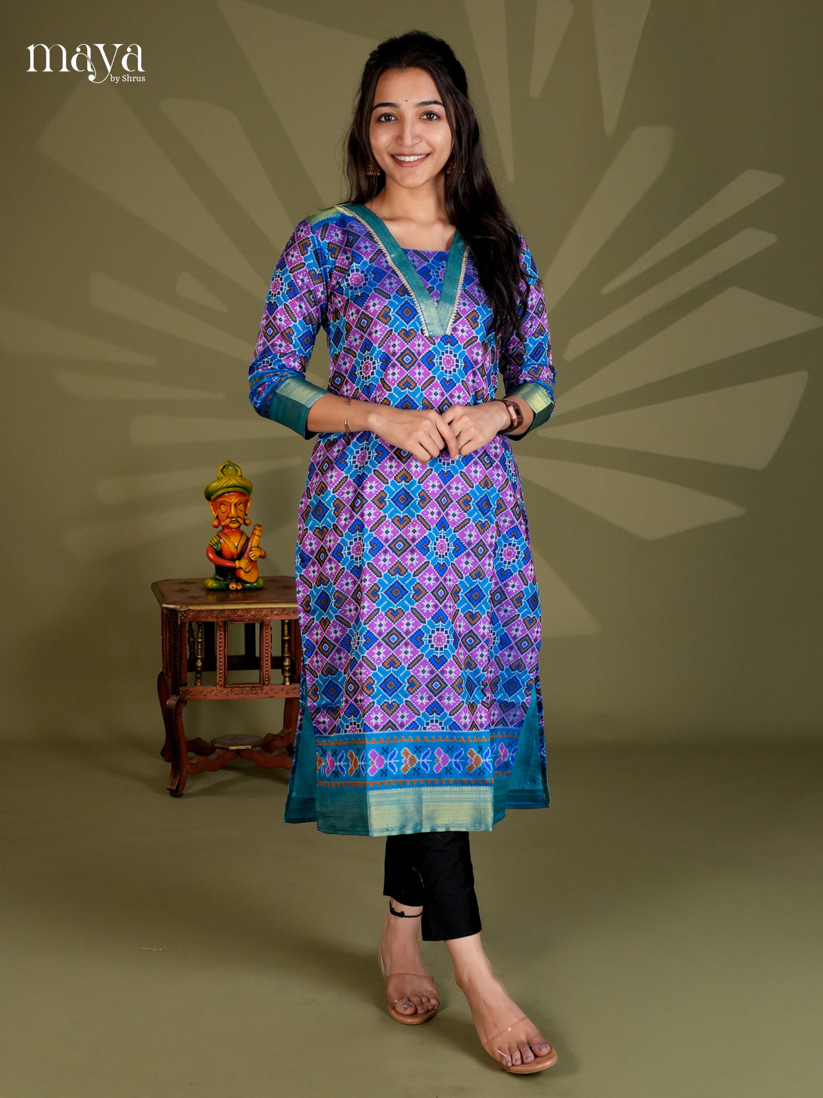 Blue & Green Semi Patola Readymade Kurti - MEC09006
