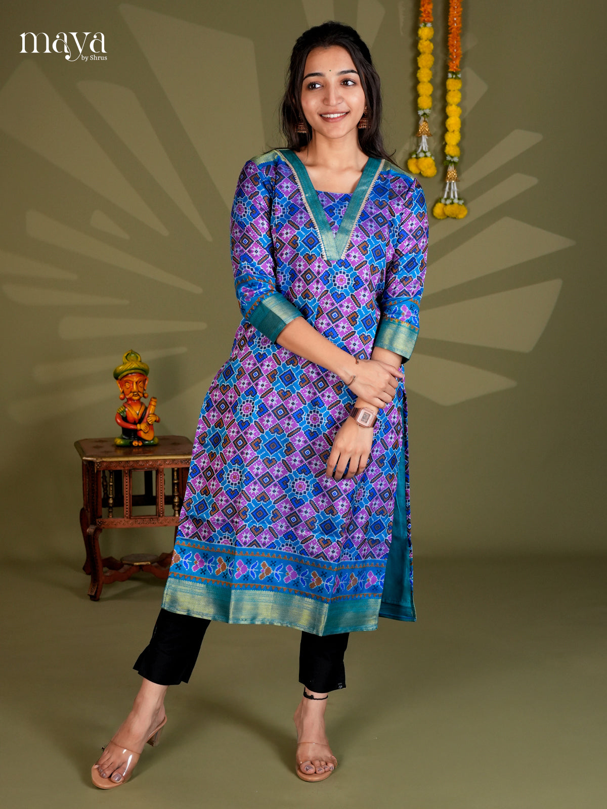 Blue & Green Semi Patola Readymade Kurti - MEC09006