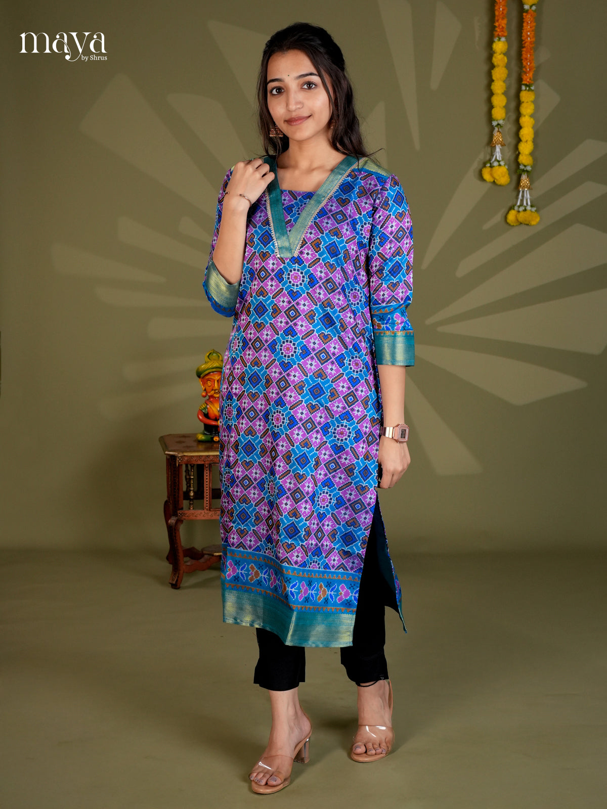 Blue & Green Semi Patola Readymade Kurti - MEC09006