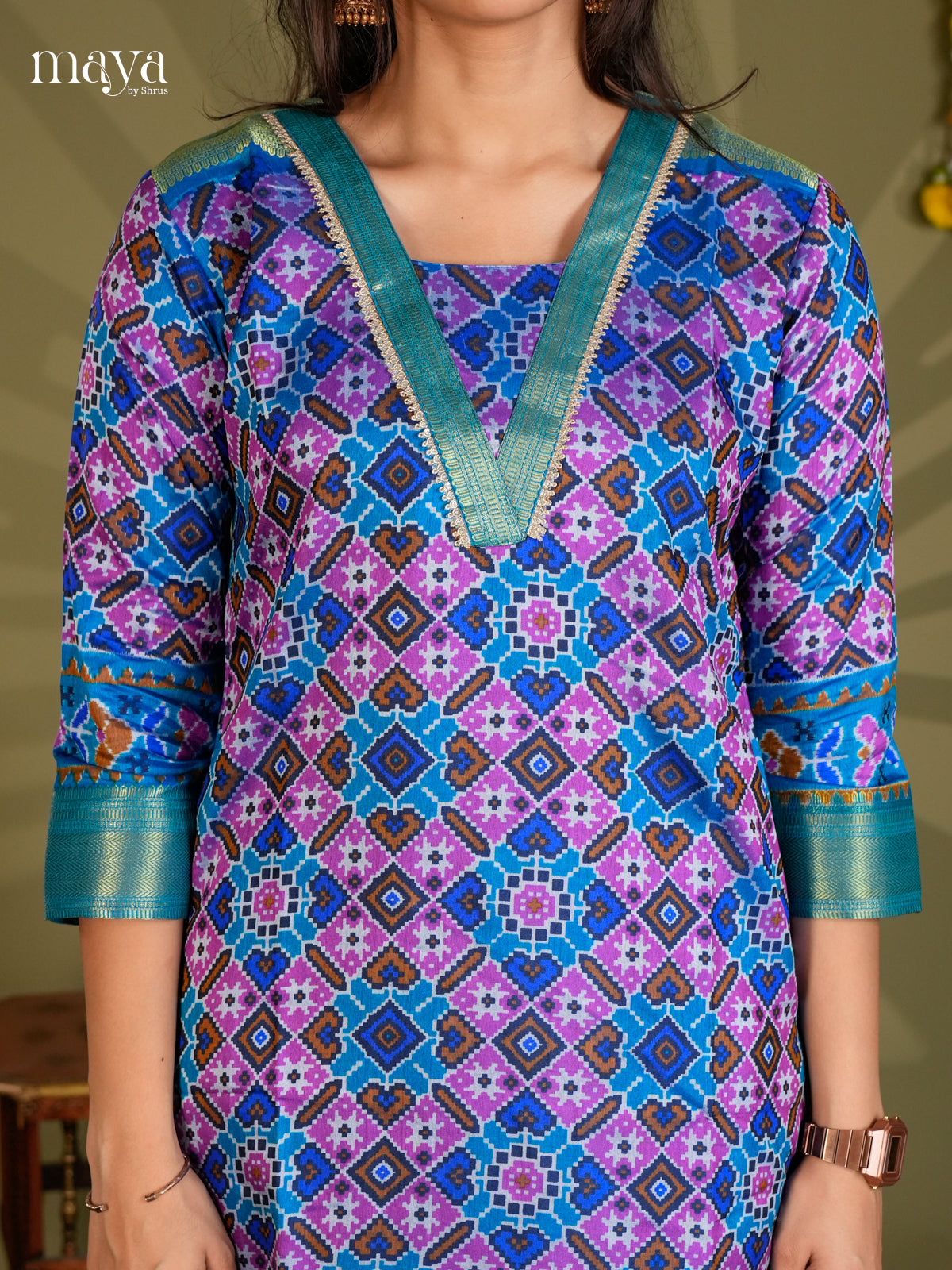 Blue & Green Semi Patola Readymade Kurti - MEC09006