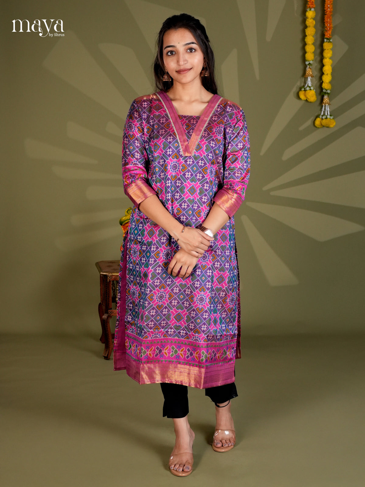 Blue & Purple Semi Patola Readymade Kurti with floral prints - MEC09007
