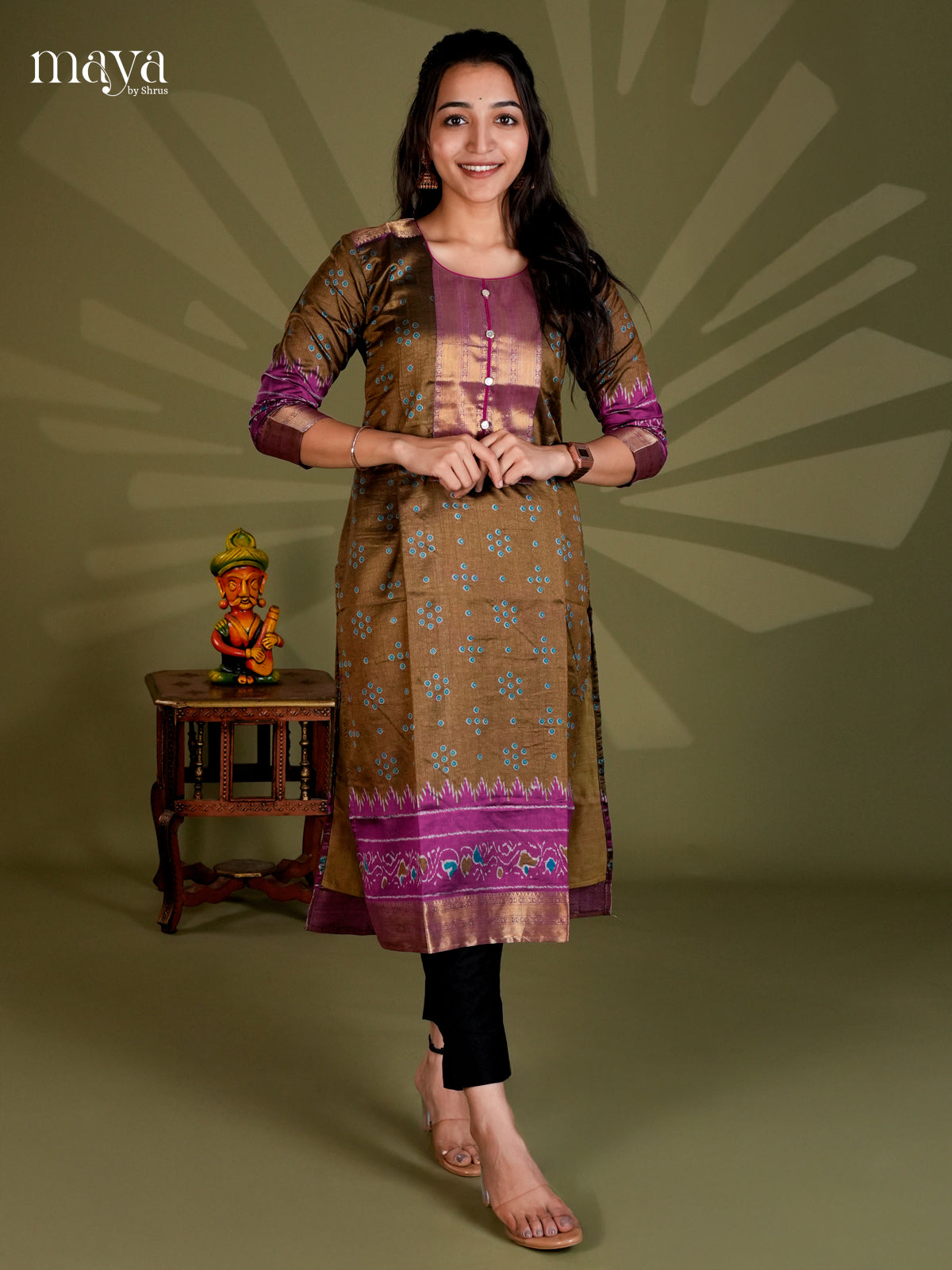 Mehandi & Purple Semi Patola Readymade Kurti - MEC09008