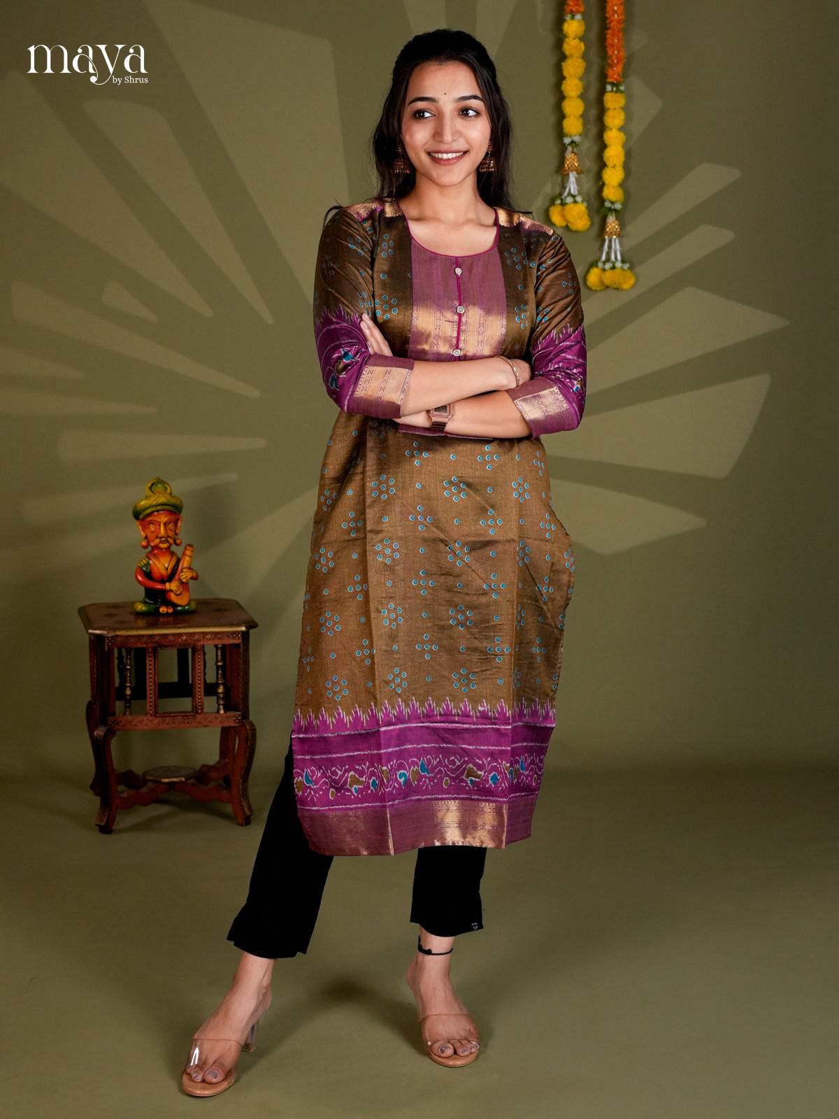 Mehandi & Purple Semi Patola Readymade Kurti - MEC09008