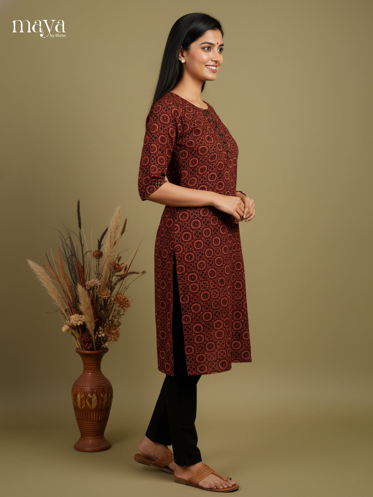 Stunning maroon Ajrakh printed Readymade Kurti - MEC11001
