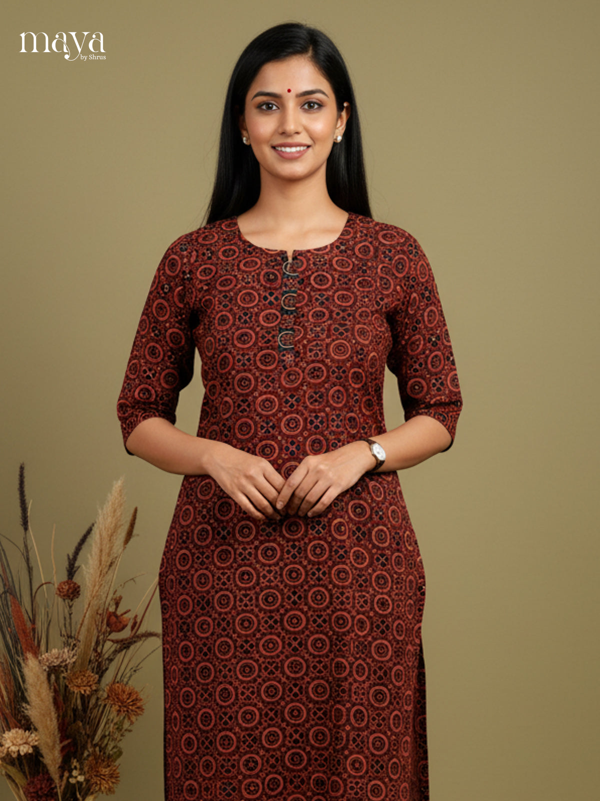 Stunning maroon Ajrakh printed Readymade Kurti - MEC11001