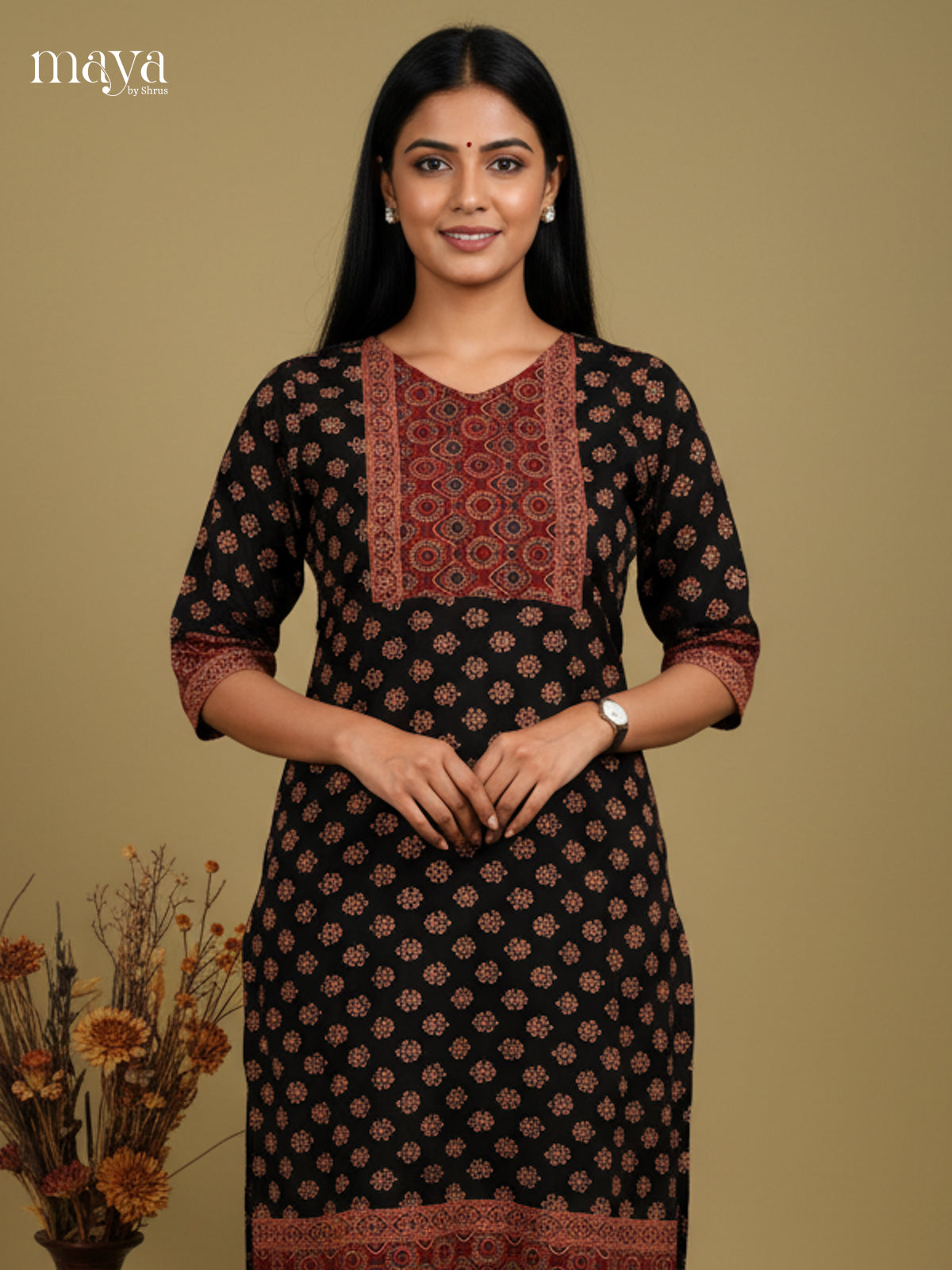 Black & Maroon Ajrakh printed Readymade Kurti with neck yoke- MEC11007
