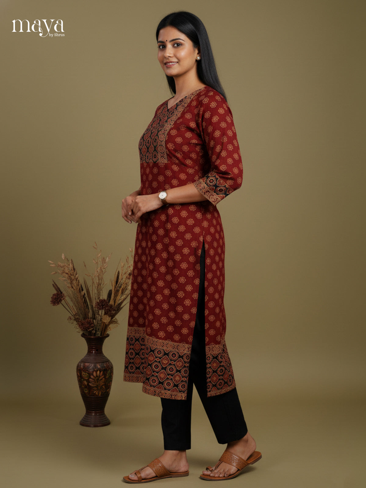 Maroon & Black Ajrakh printed Readymade Kurti with neck yoke - MEC11008